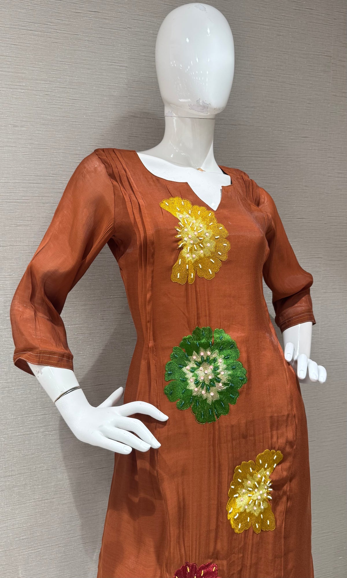 Brown cotton silk Floral Motif Kurta set with dupatta