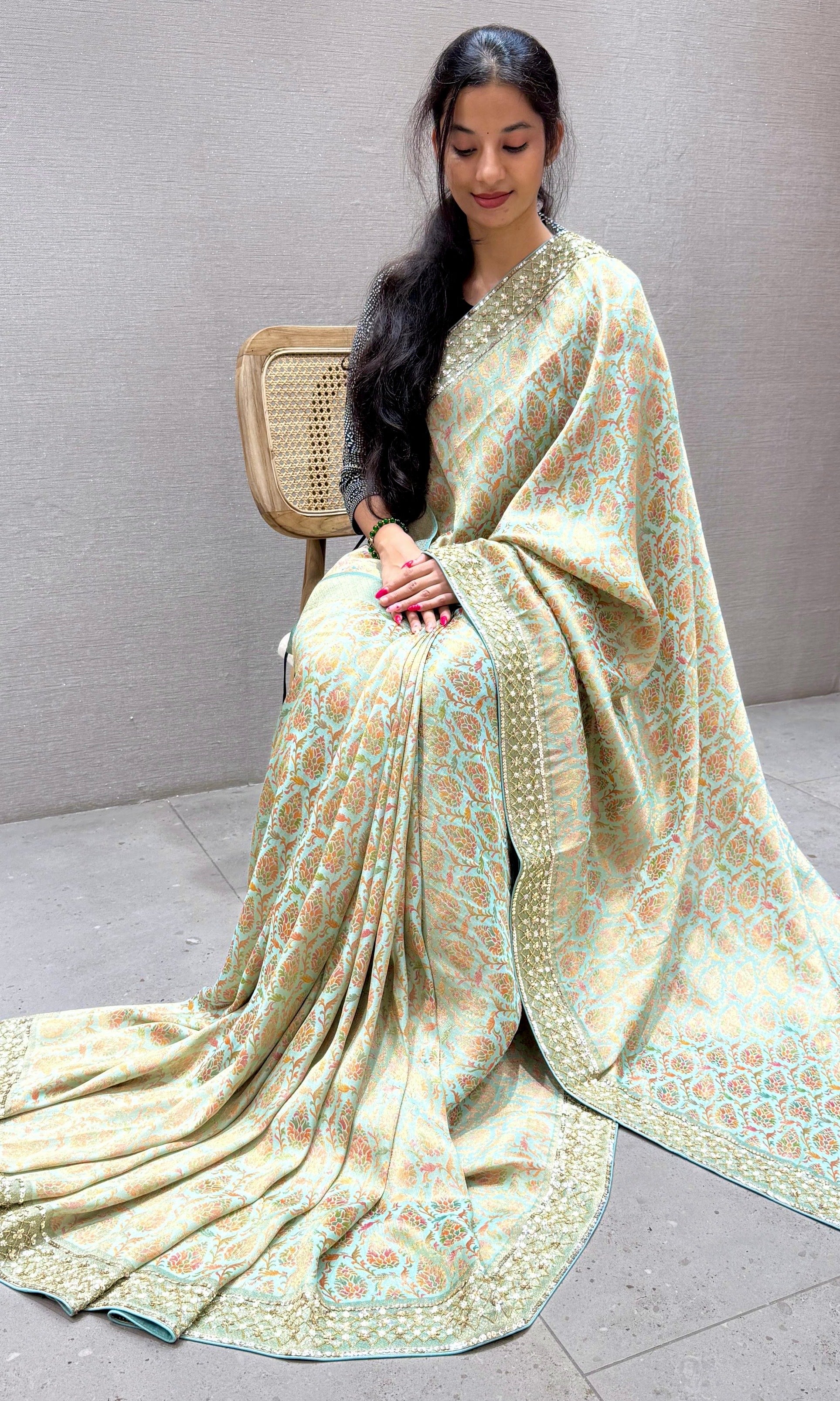 Pastel Sage Green Banarasi saree with ready blouse