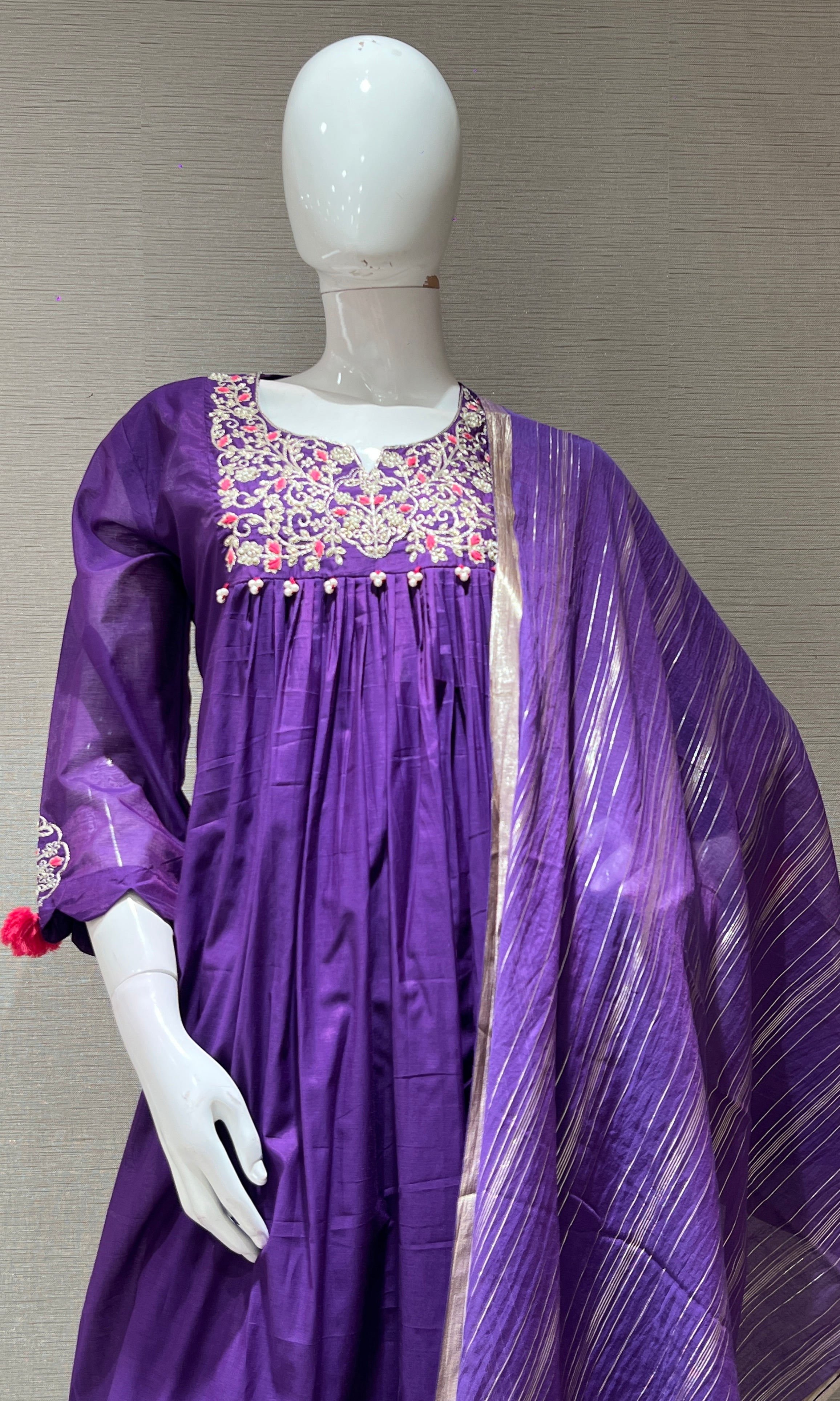 PURPLE EMBROIDERED A LINE KURTA SET