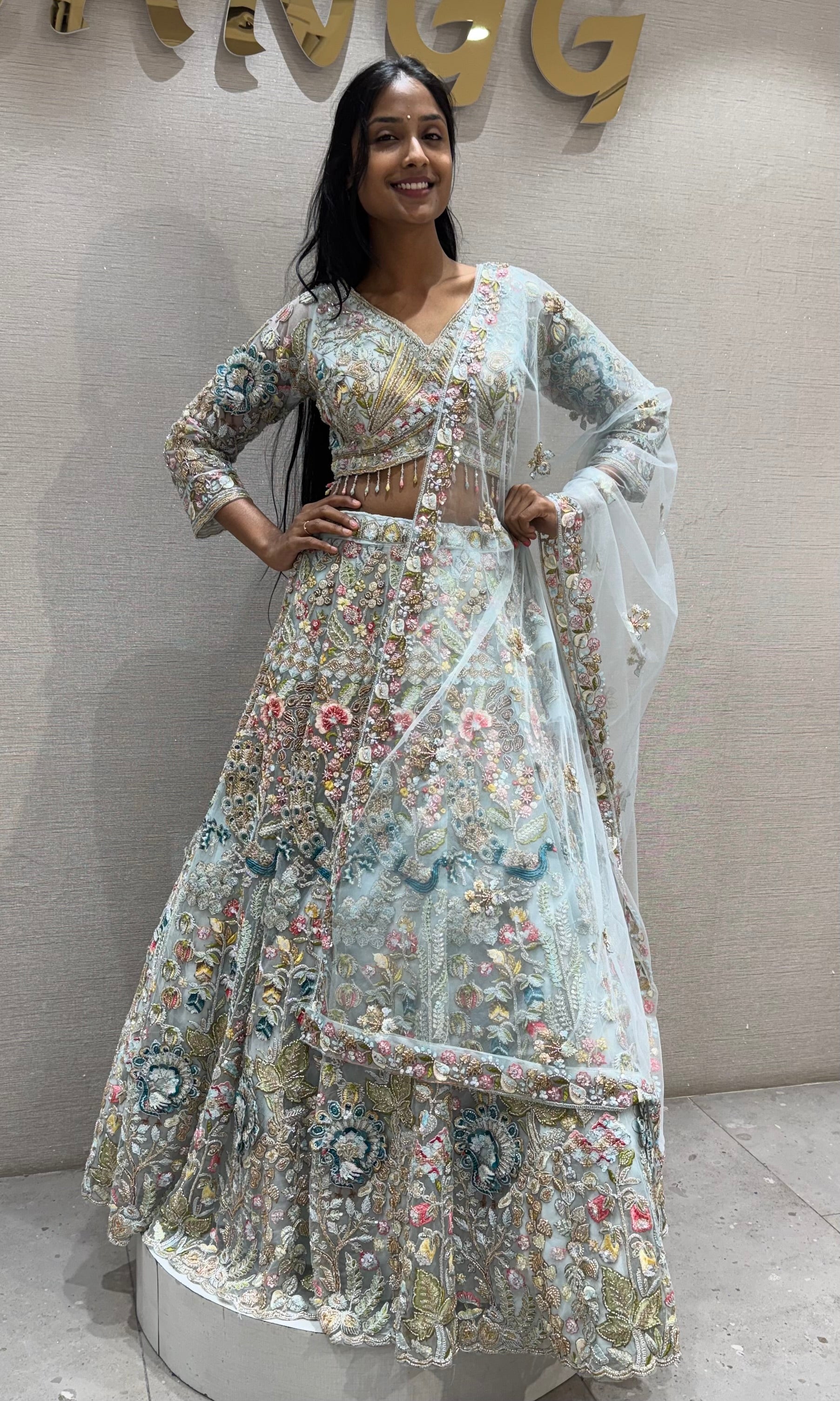 Mint Blue Multi-Color Floral Designer Bridal Lehenga