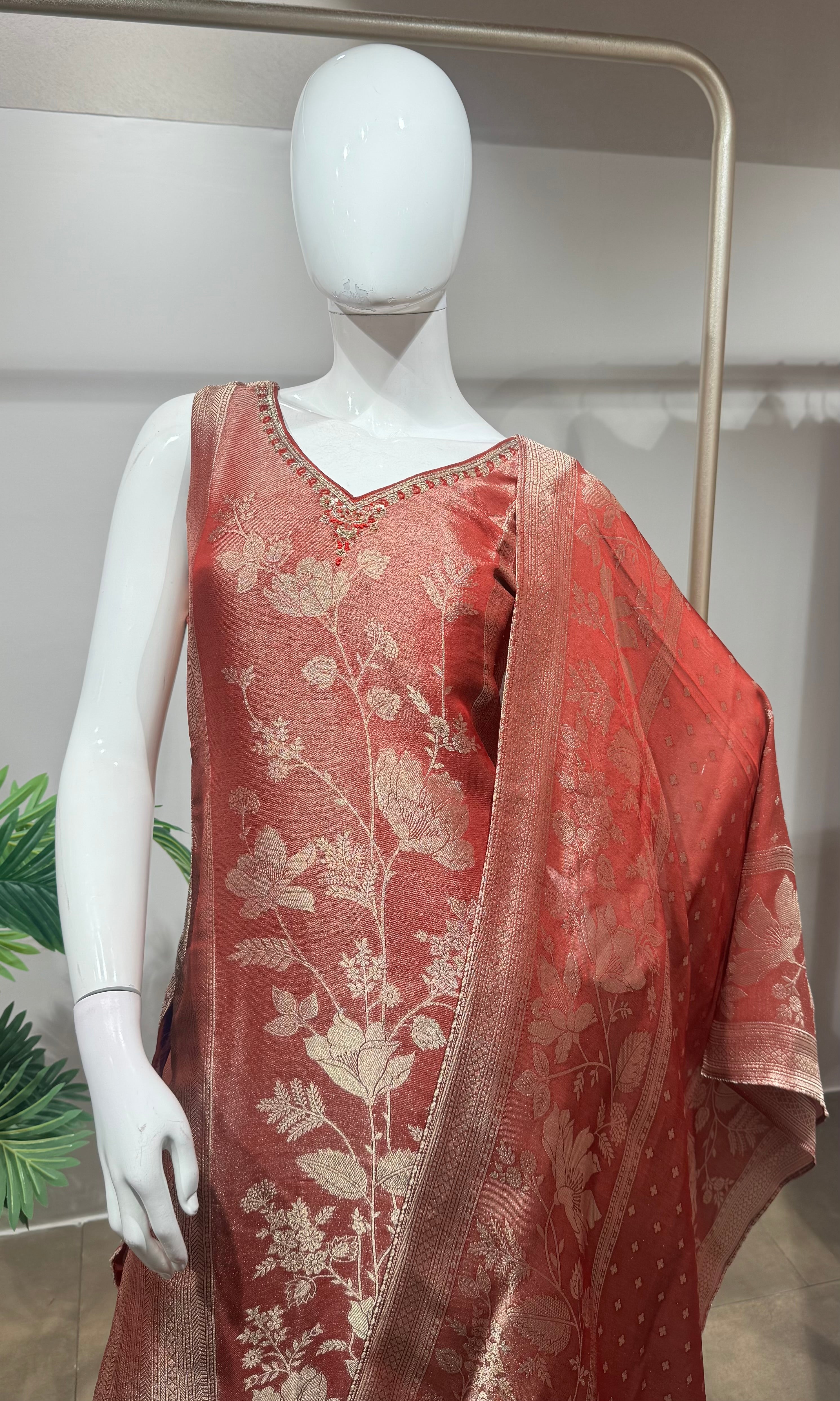 Maroon floral banarasi kurta set