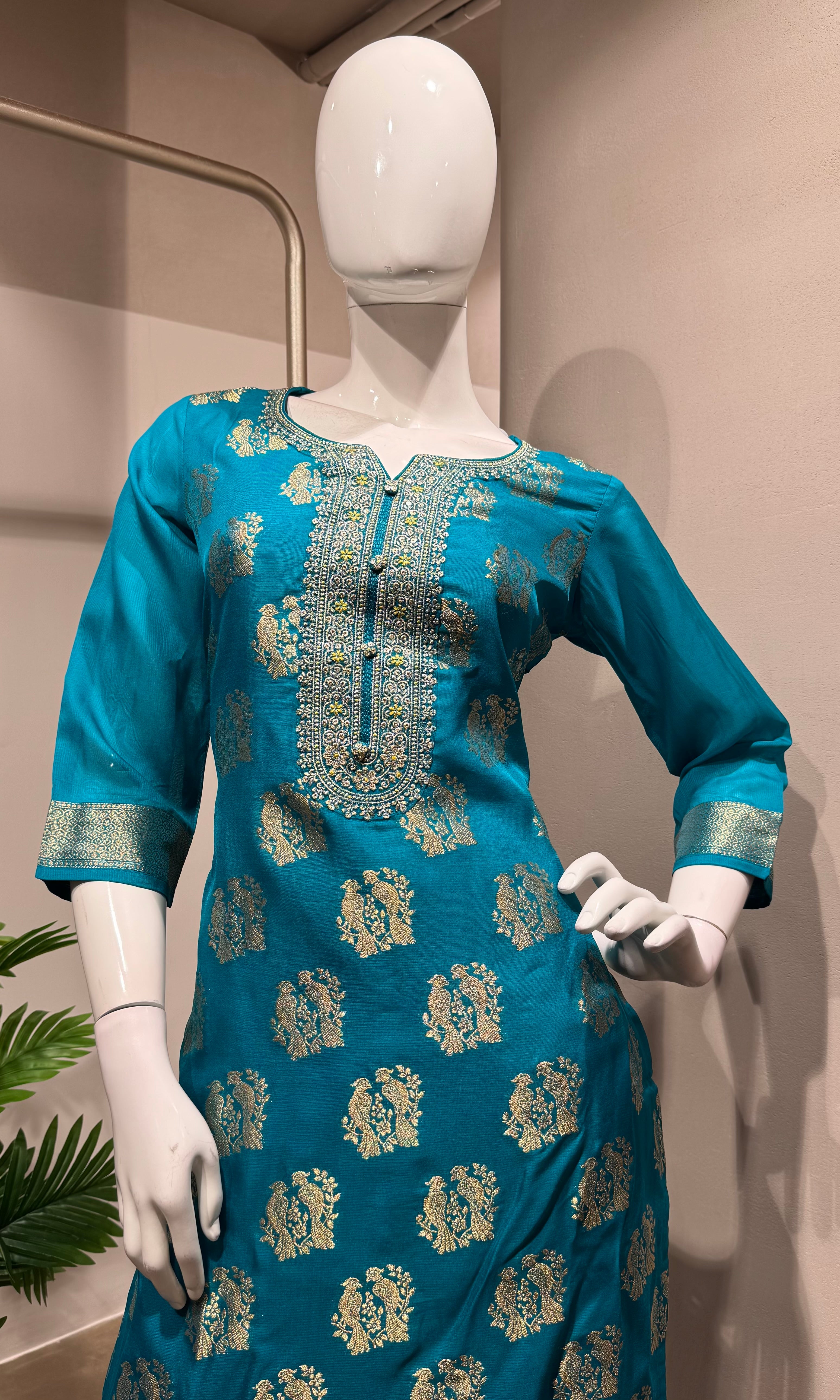 Rama Blue Silk embroidered kurta set