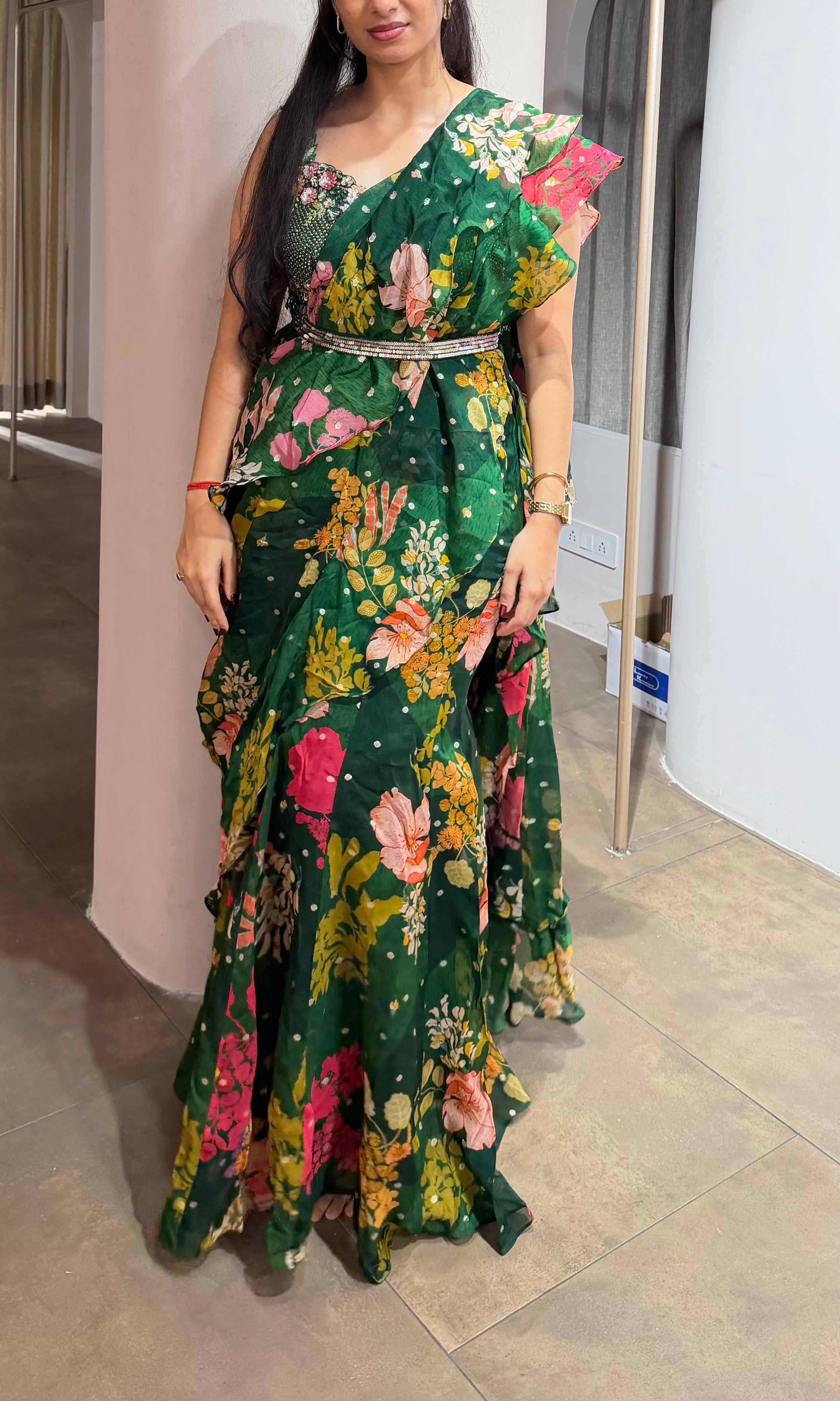 Green MULTI FLORAL drape saree