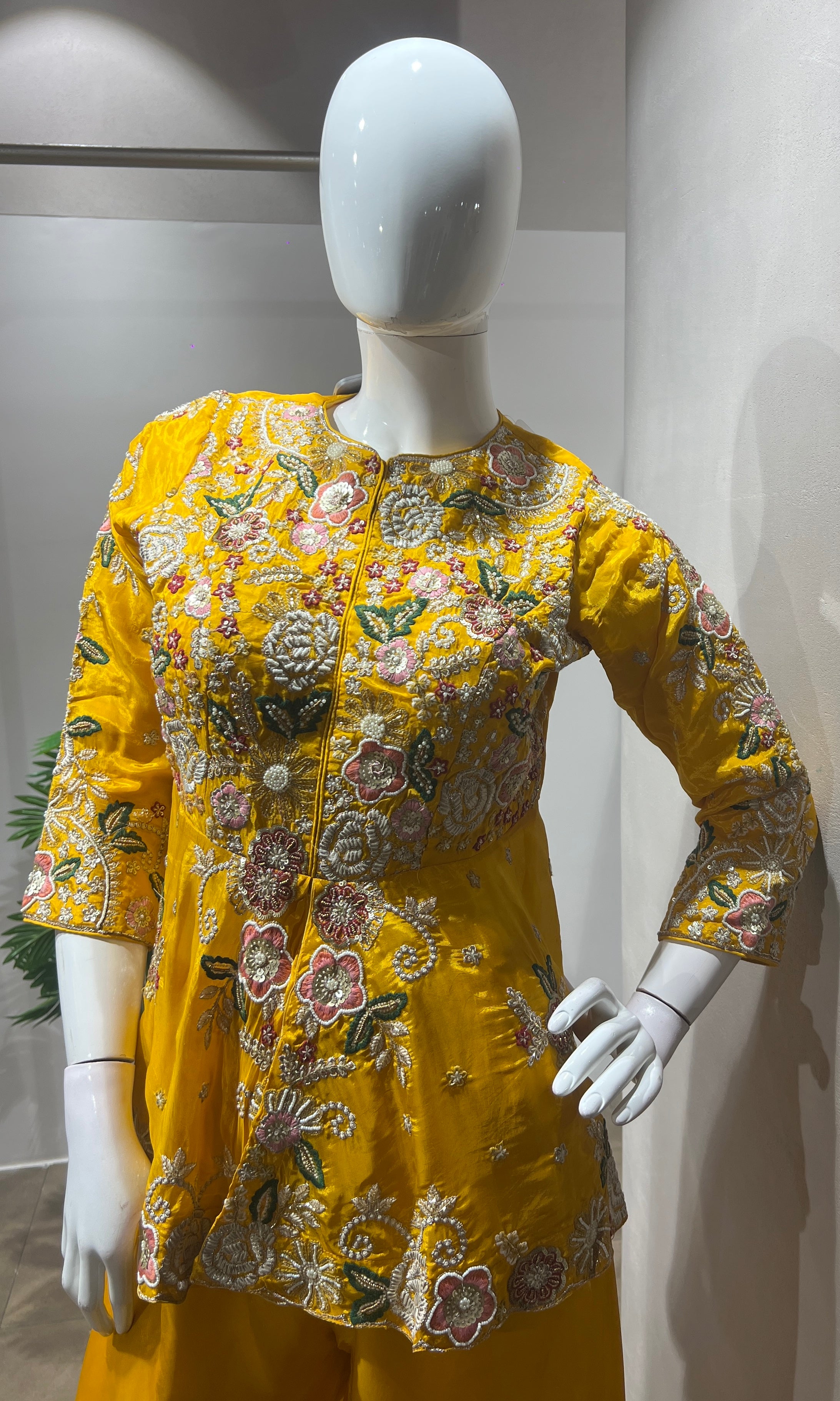 Yellow Palazzo Set with Floral Embroidery