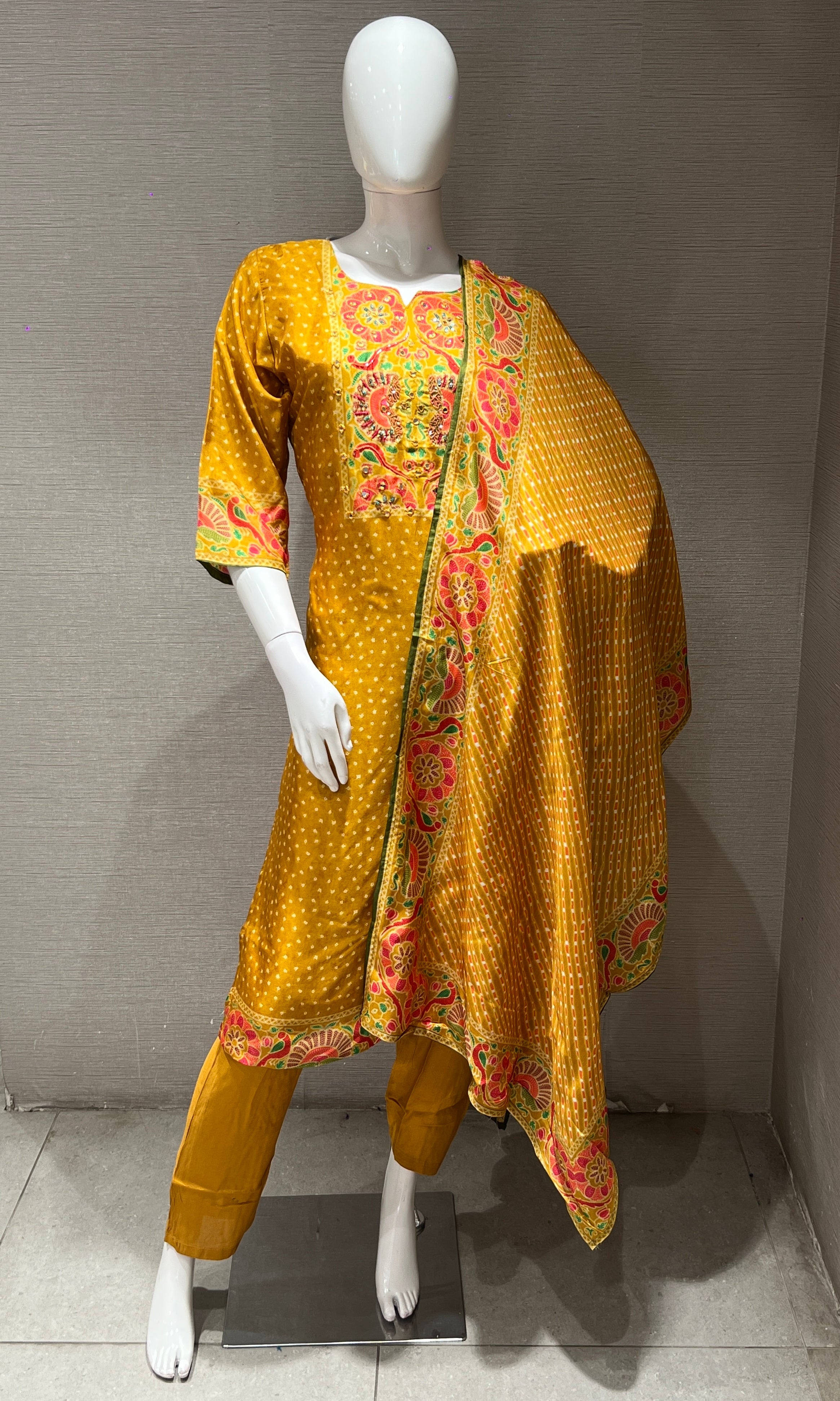 Mustard yellow floral embroidered kurta set
