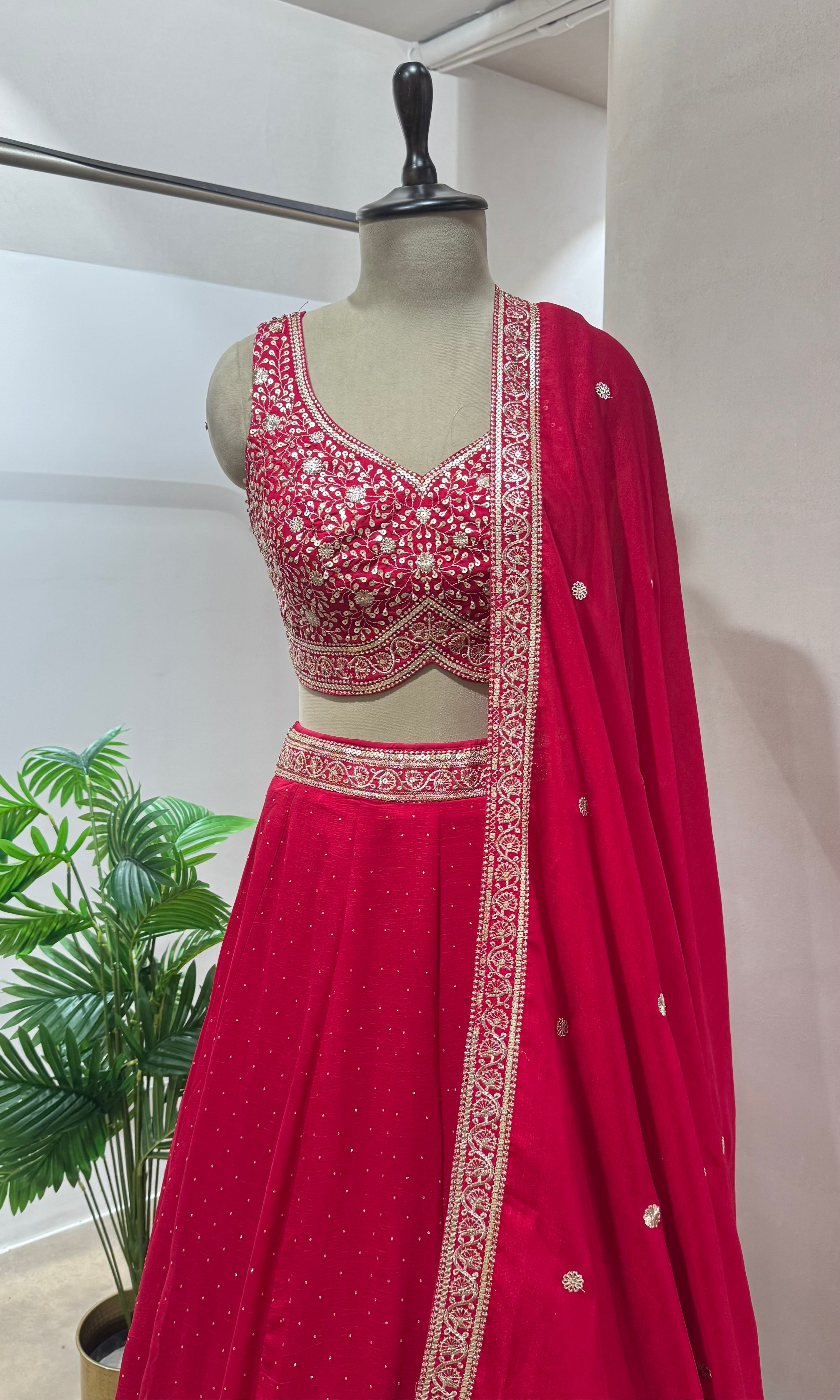 Rani pink GOLDEN FLORAL EMBROIDERY Lehenga