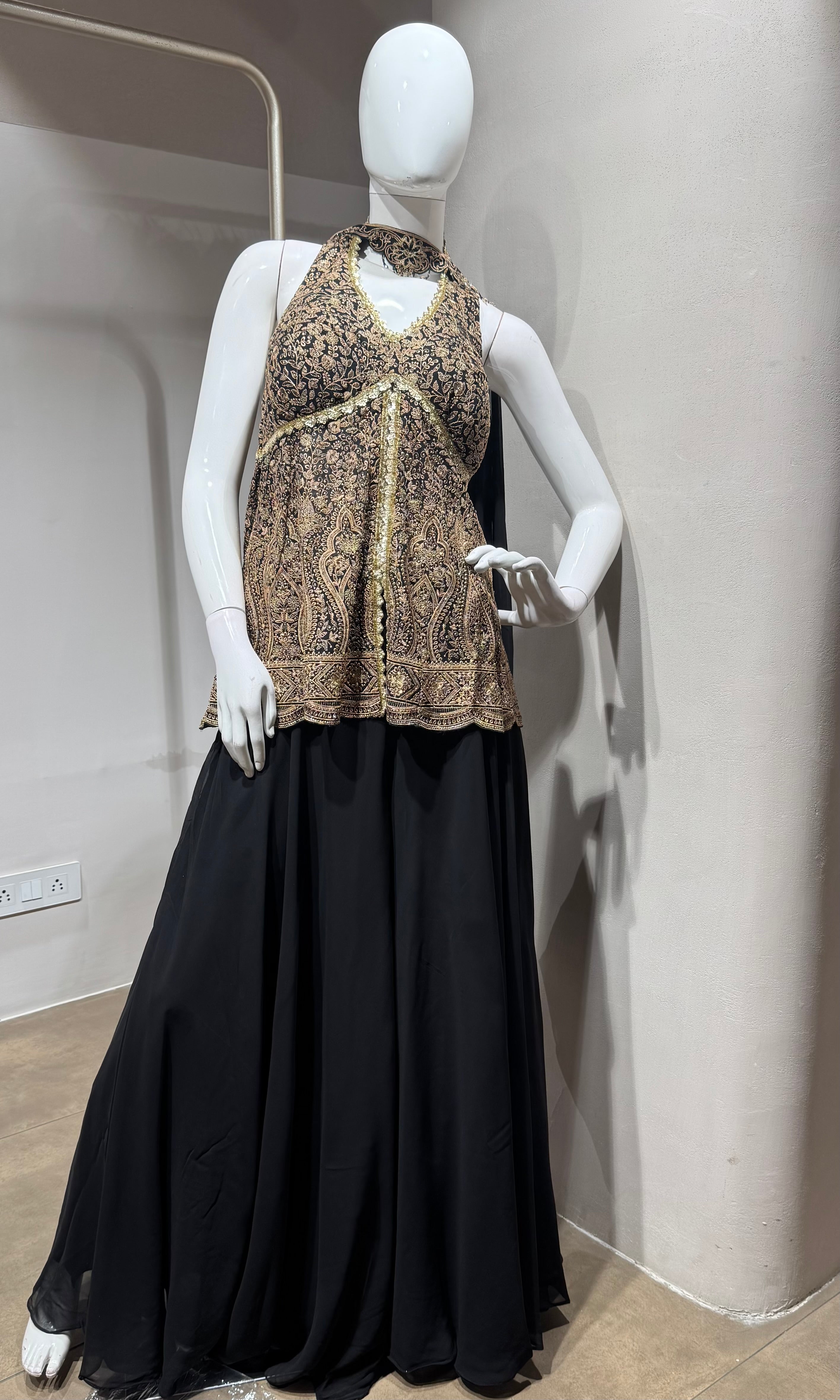 black and gold embroidered halter palazzo set