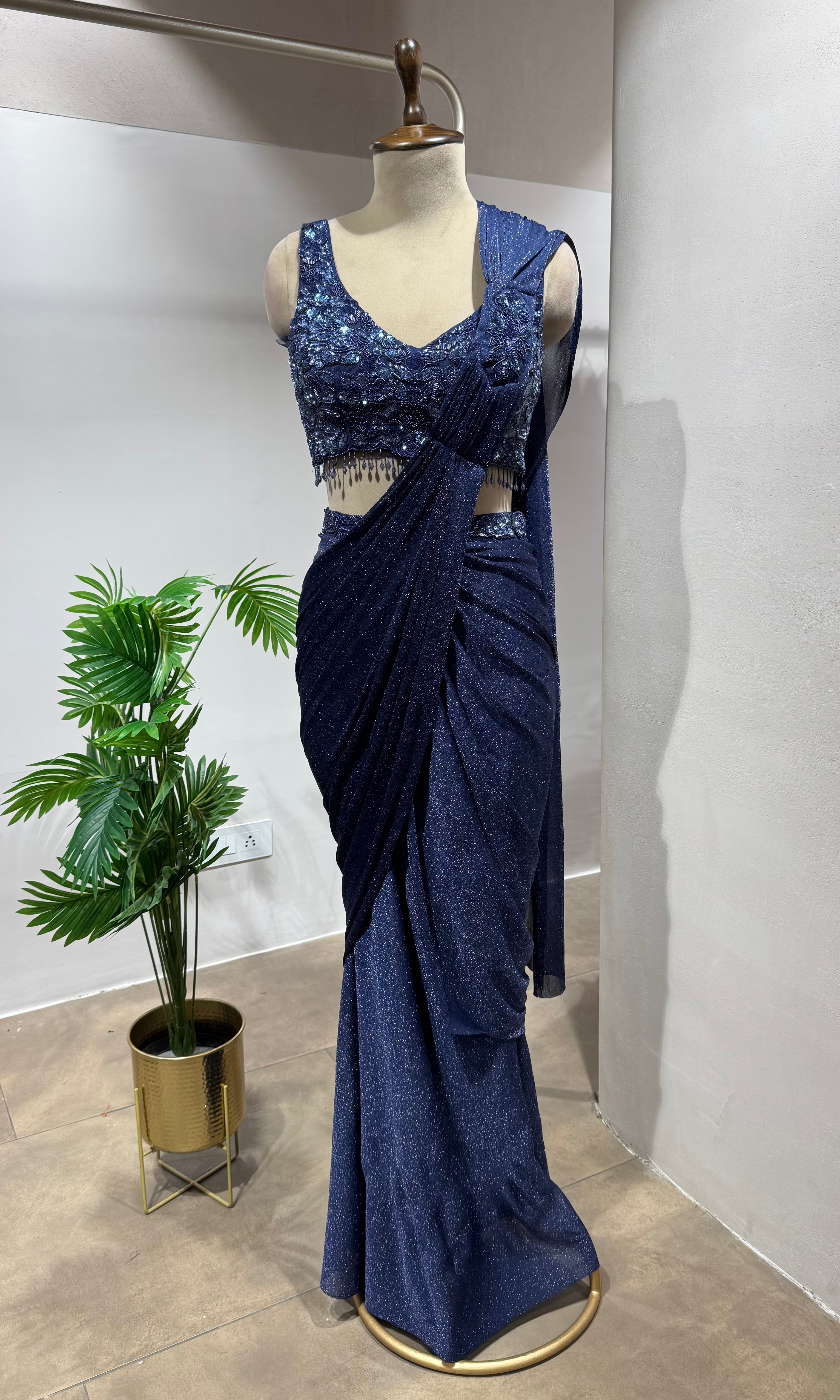 Blue Draped Saree with Embellished BLOUSE