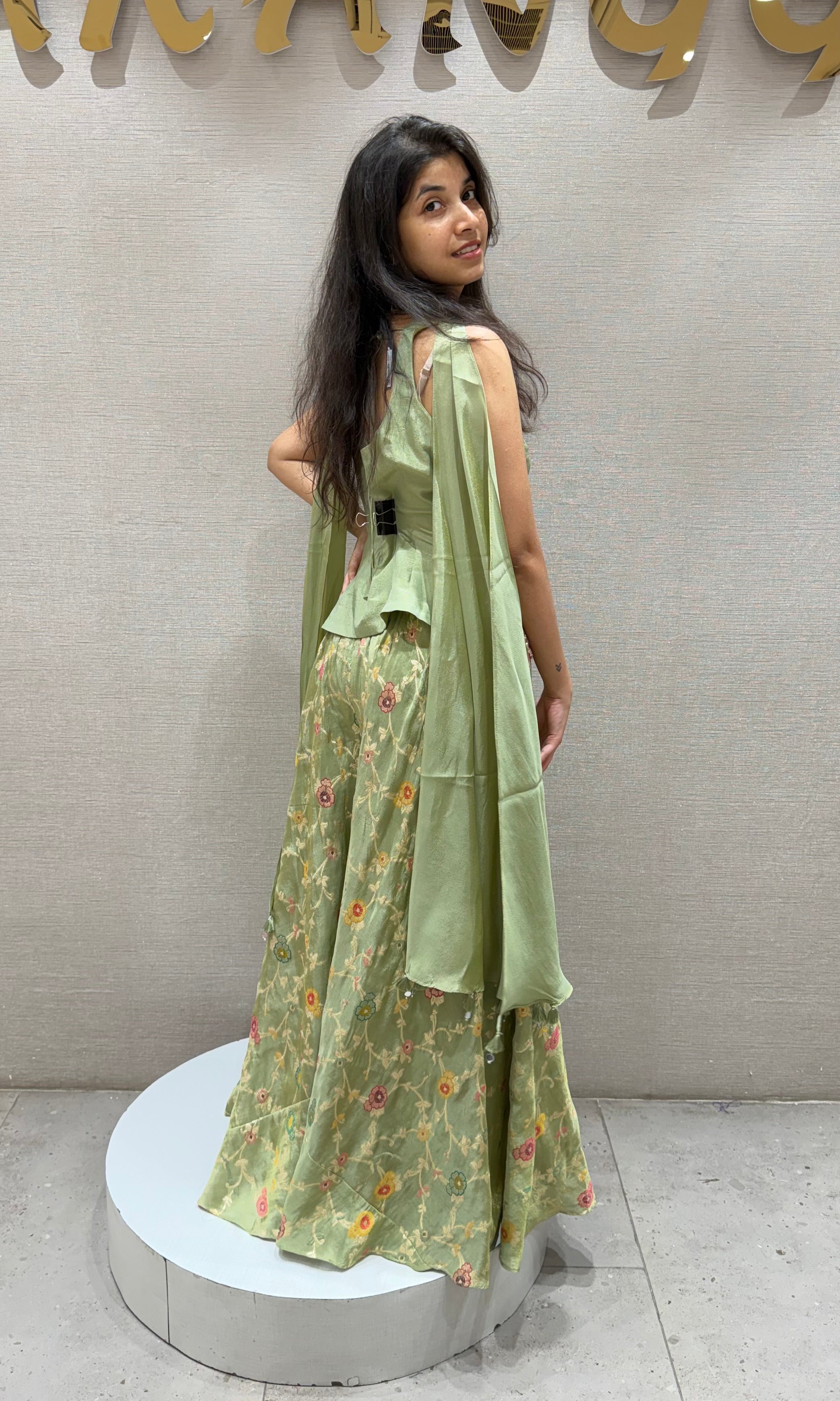 Pista green FLORAL EMBROIDERED PALAZZO SET