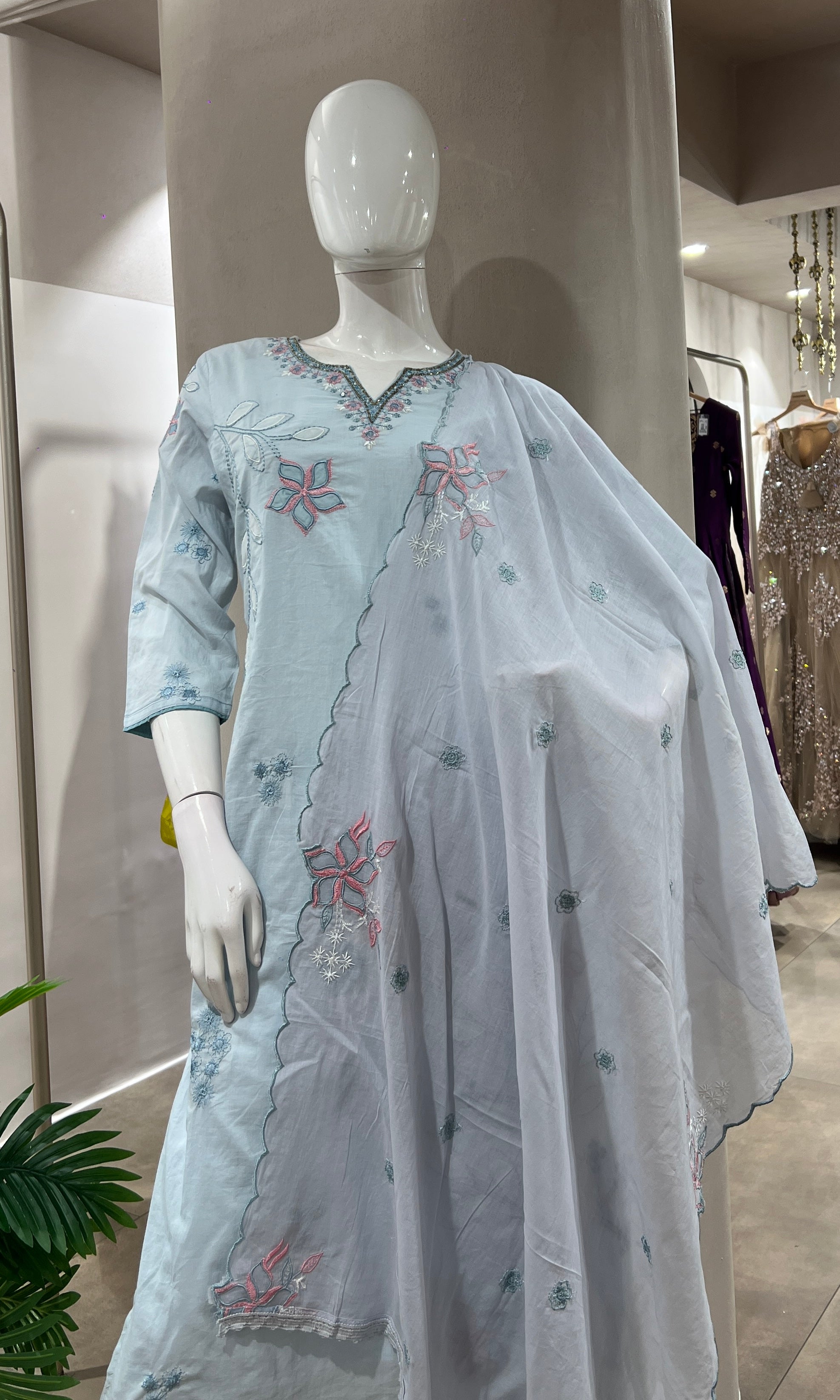 BLUE FLORAL MOTIFS COTTON KURTA SET