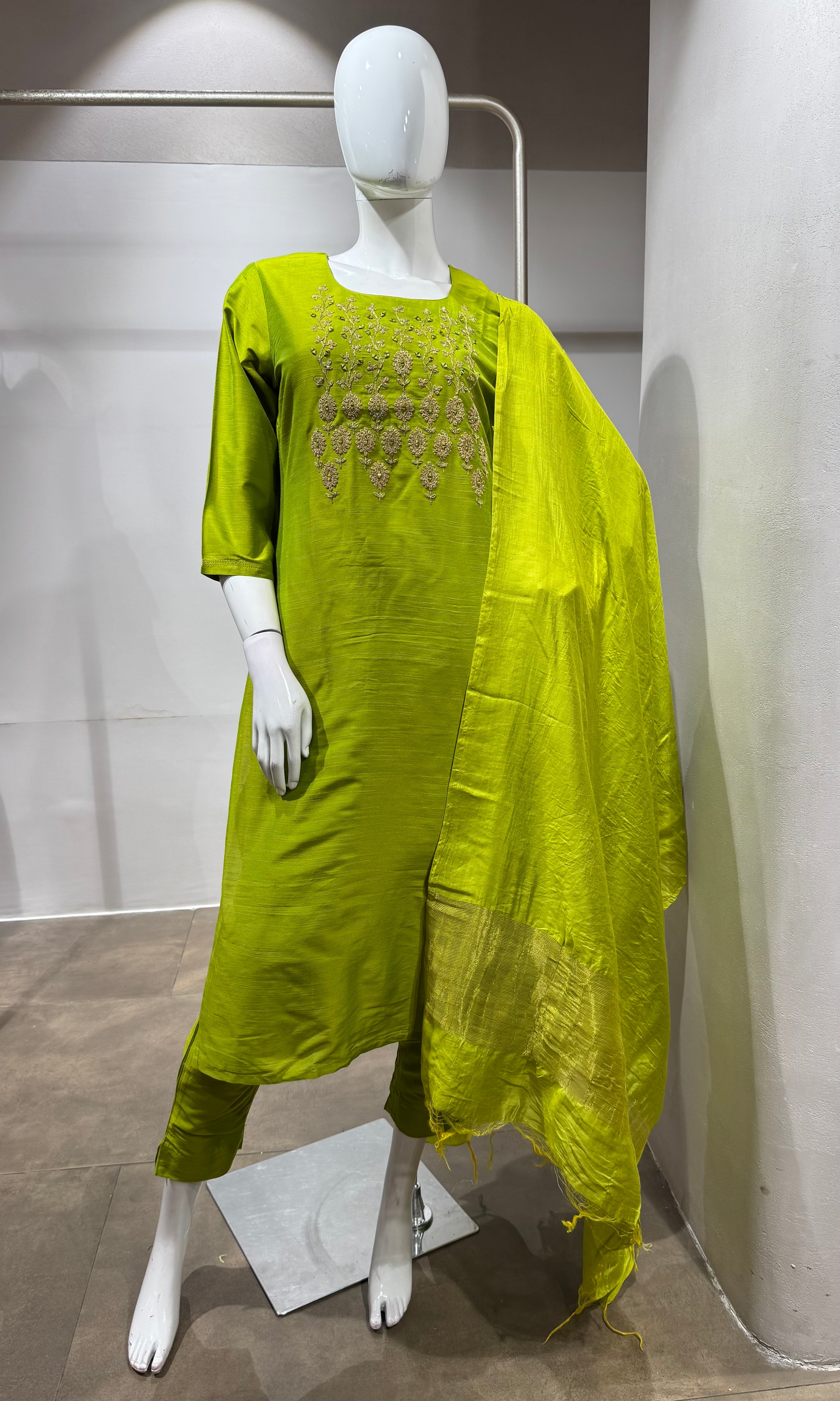 Lime Green Embroidered Silk Kurta set