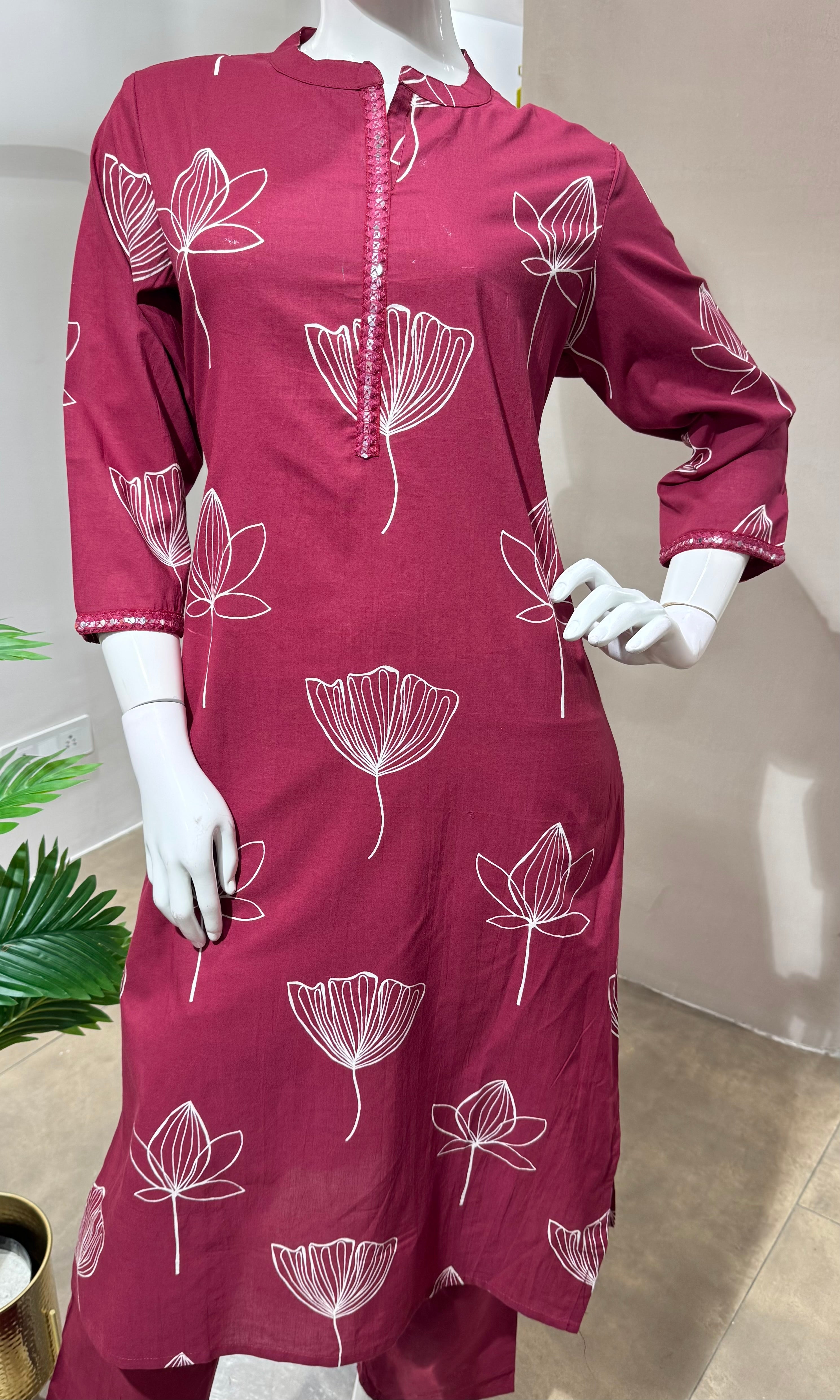 MAROON FLORAL KURTI WITH BOTTOM