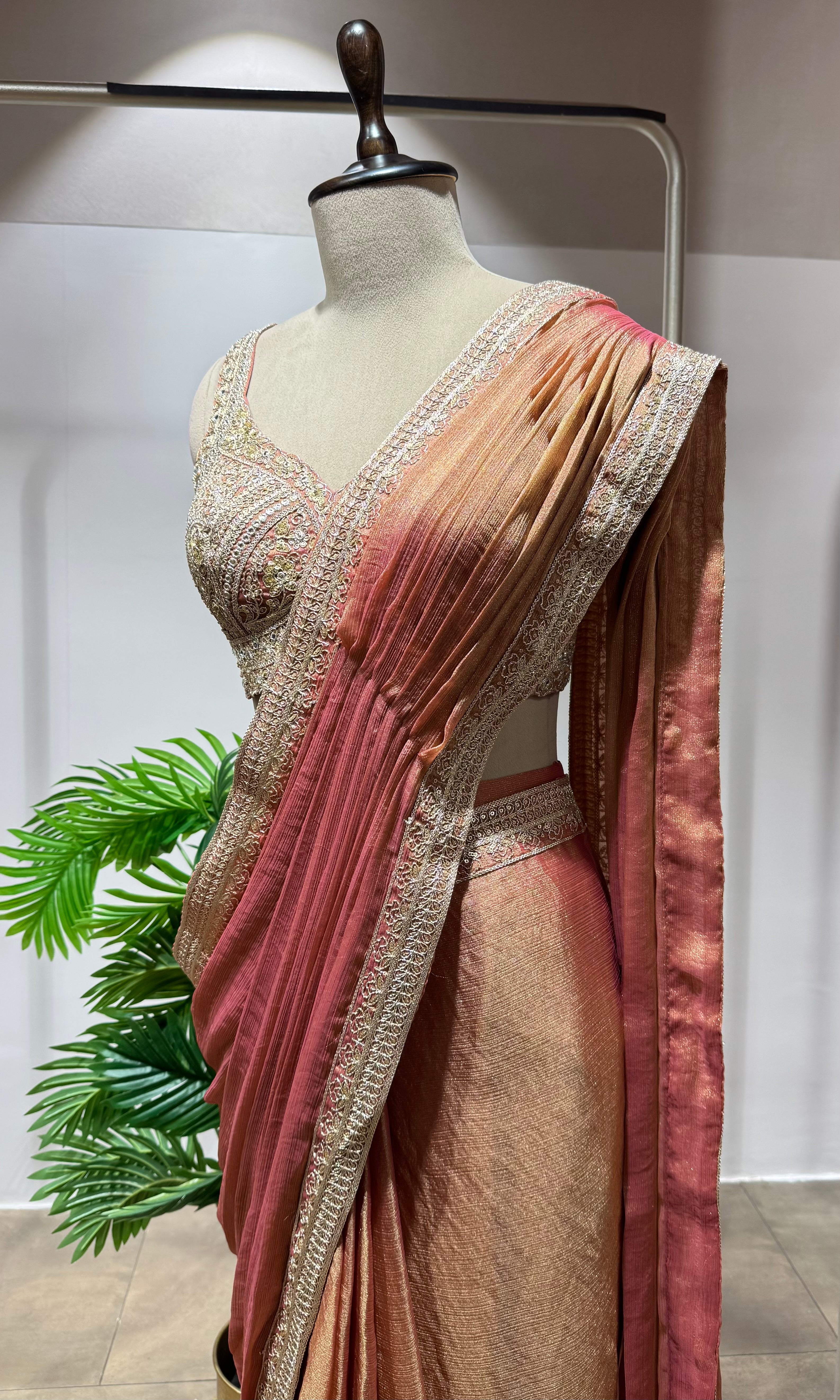 RUST PLEATED DRAPE Saree with EMBELLISHED Blouse