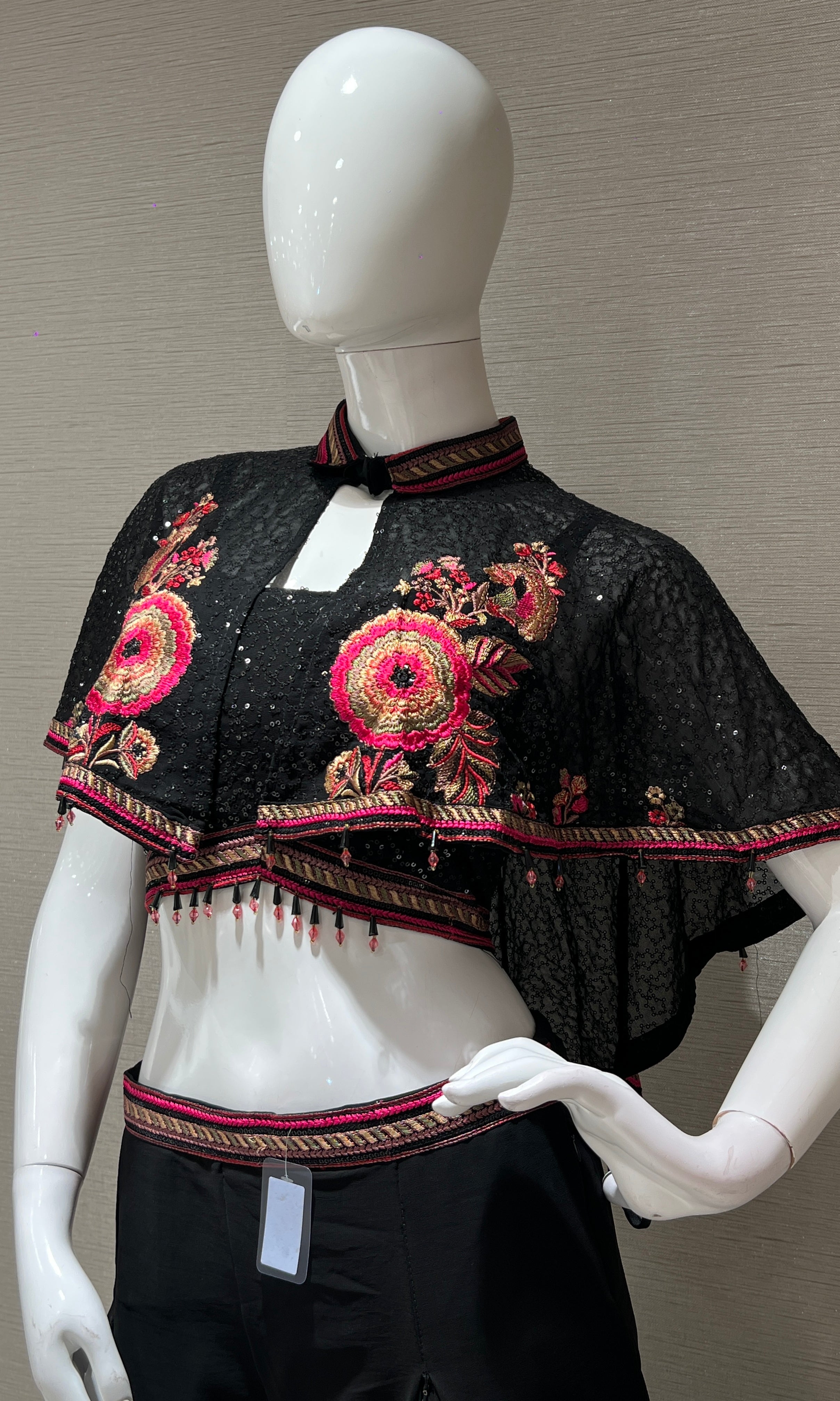 Black Sequin Cape Top & Embroidered Sharara