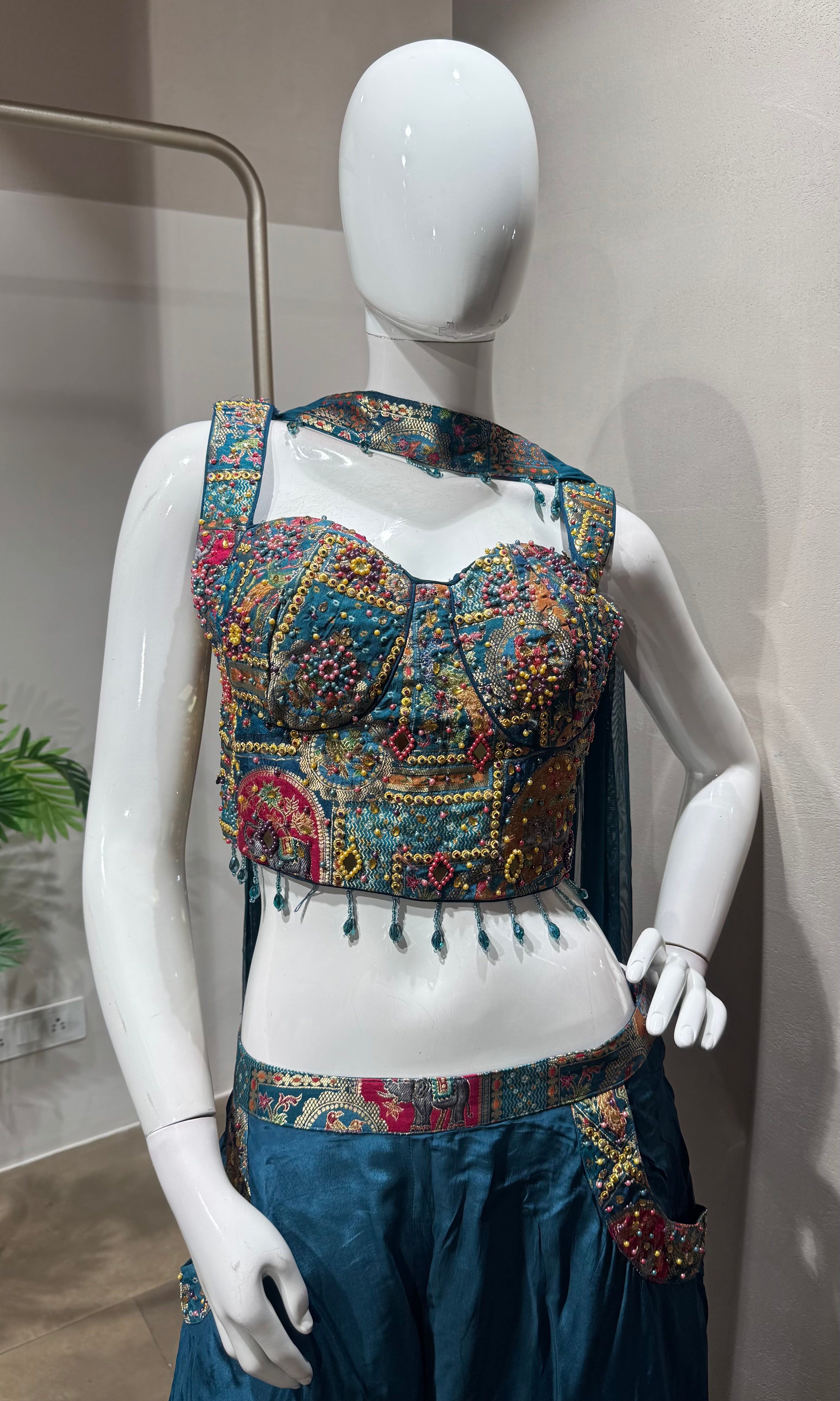 Blue Embellished Crop Top and Palazzo Pant