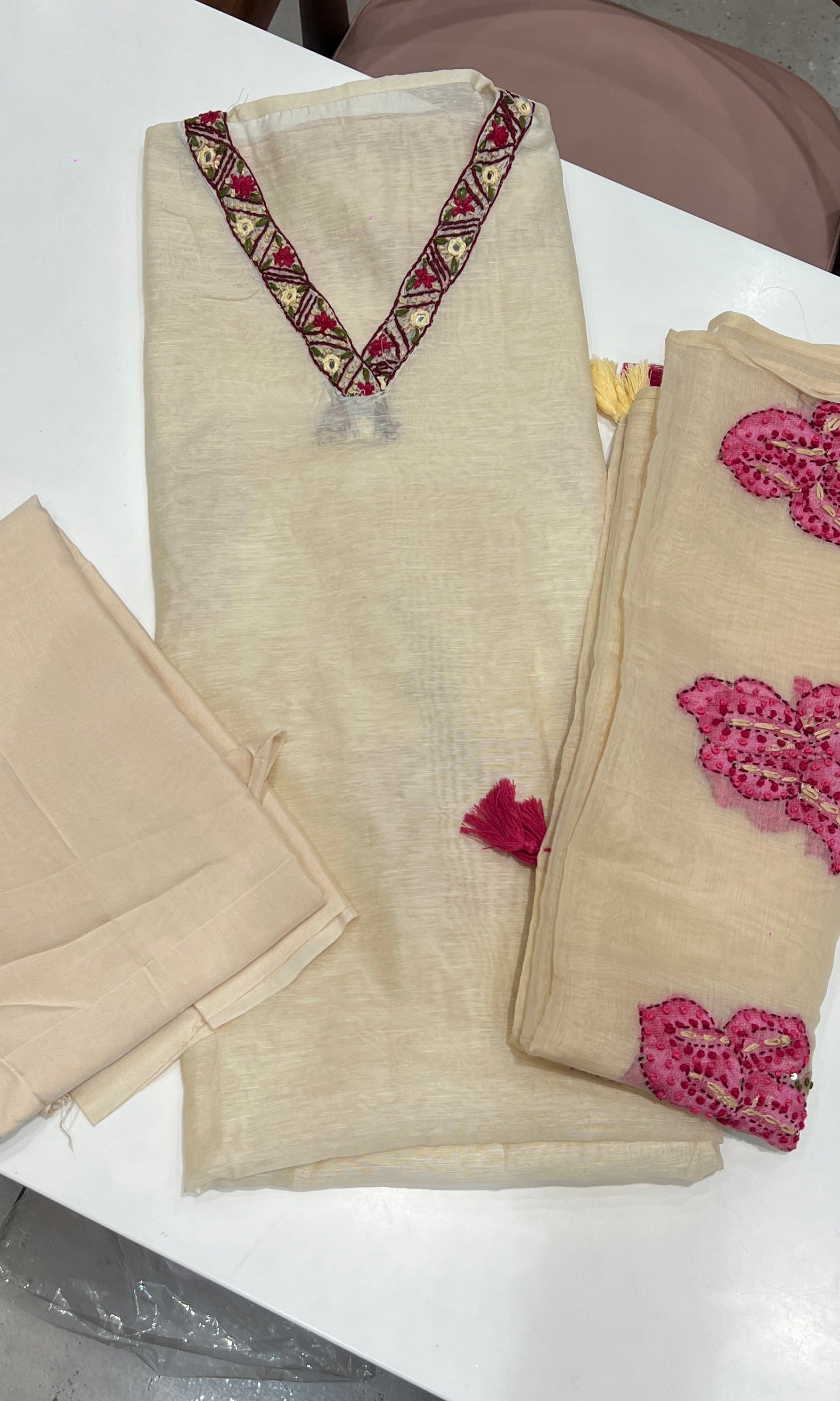 CREAM AND Pink dress material