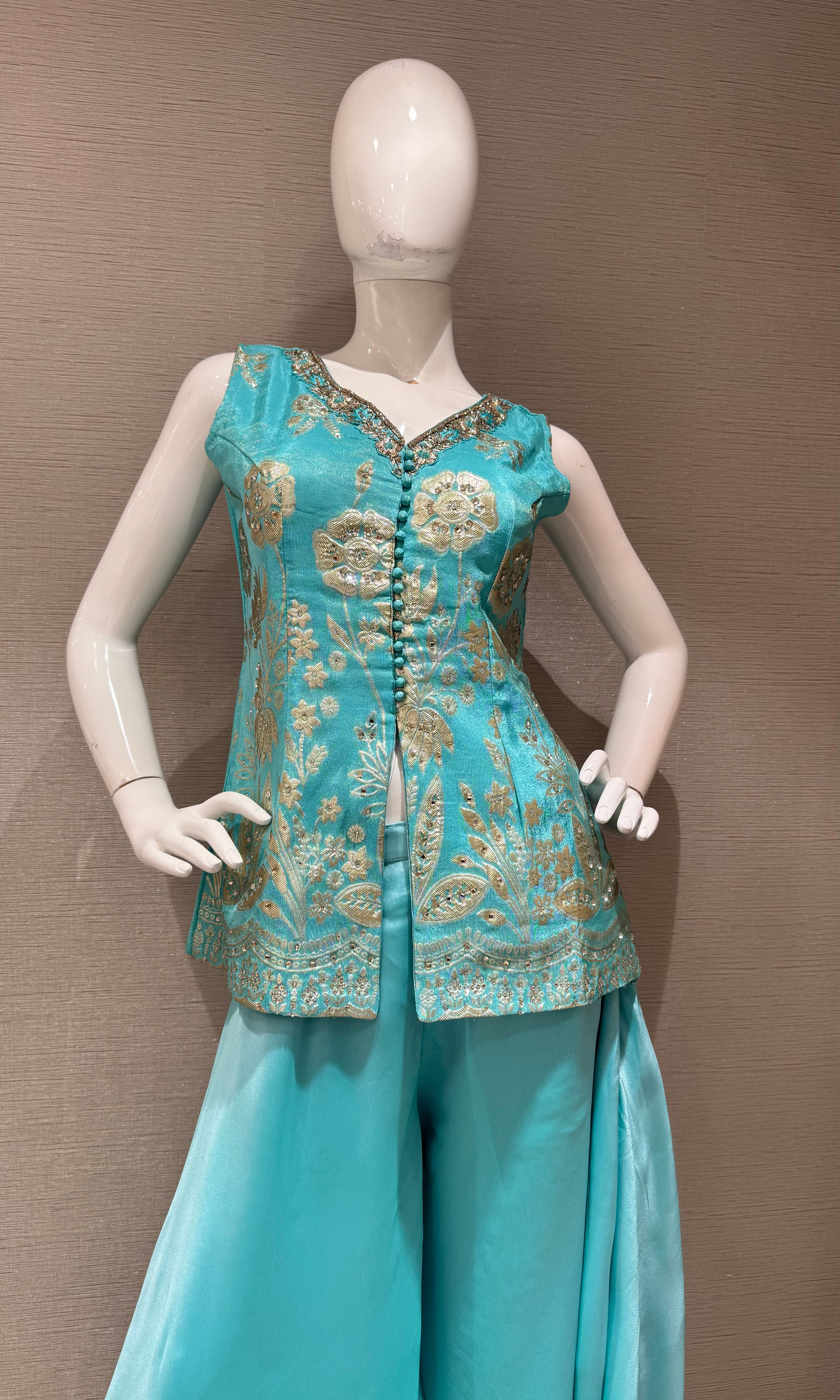 Sea Blue embroidered short peplum palazzo set