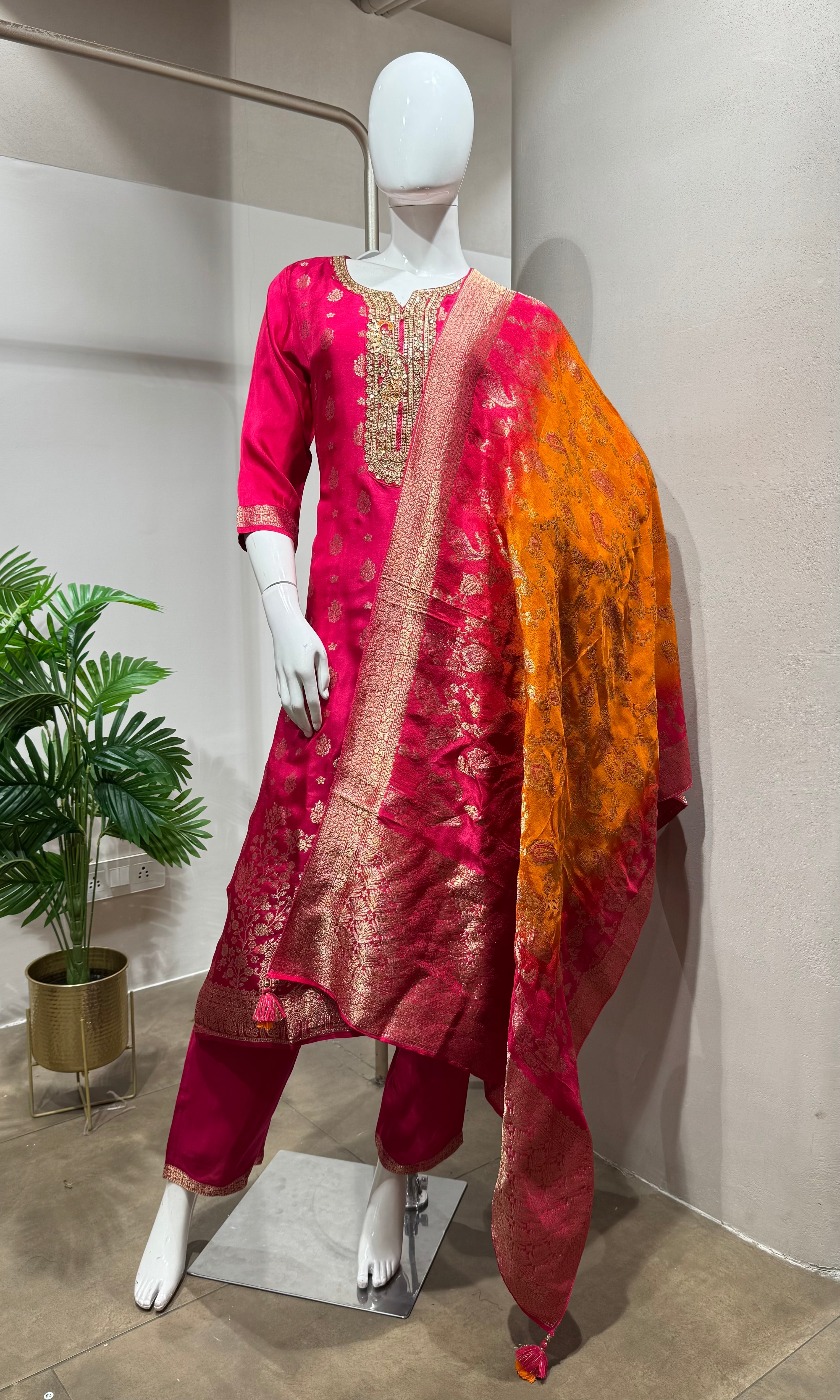 Pink embroidered kurta pant with dupatta set