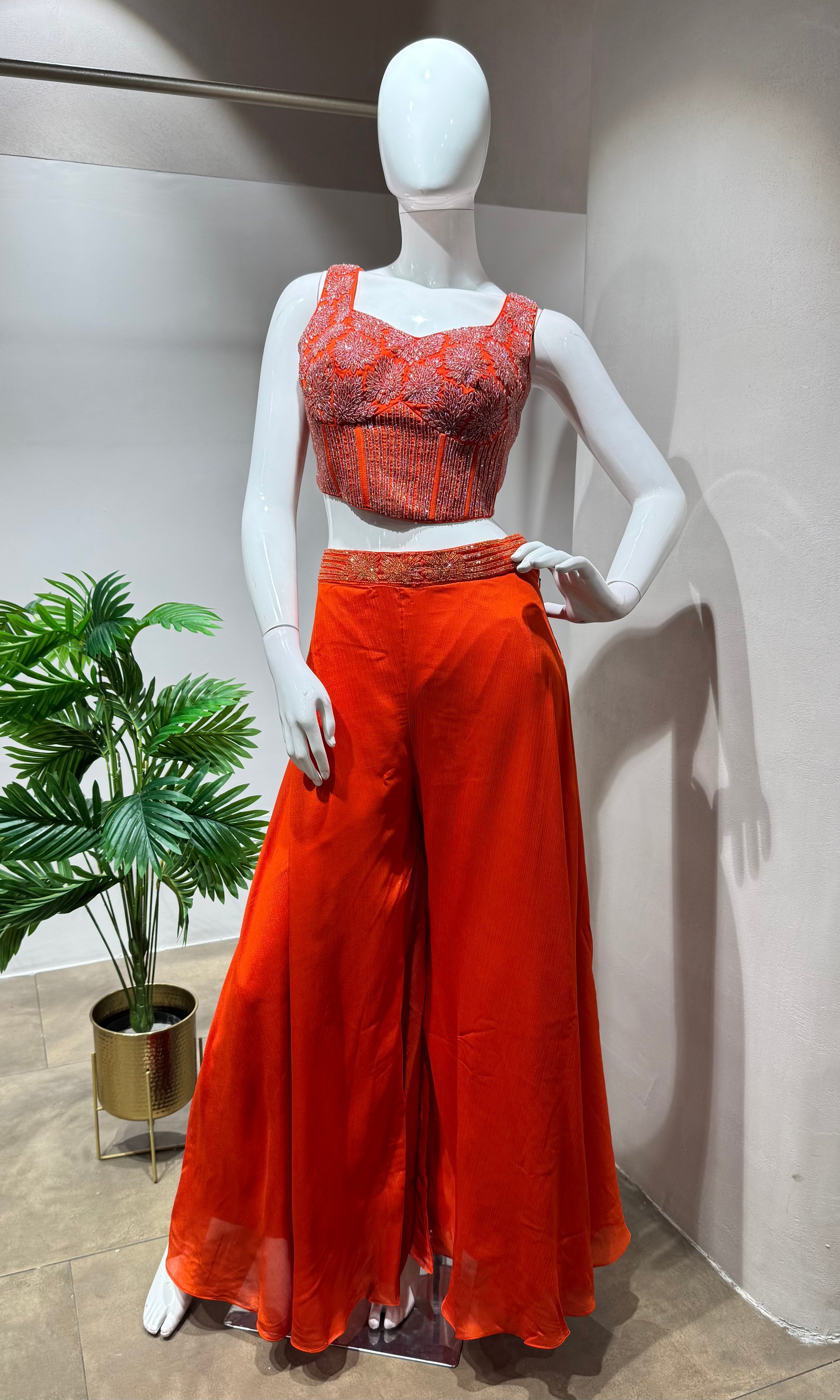 Rust orange crop top palazzo with cape
