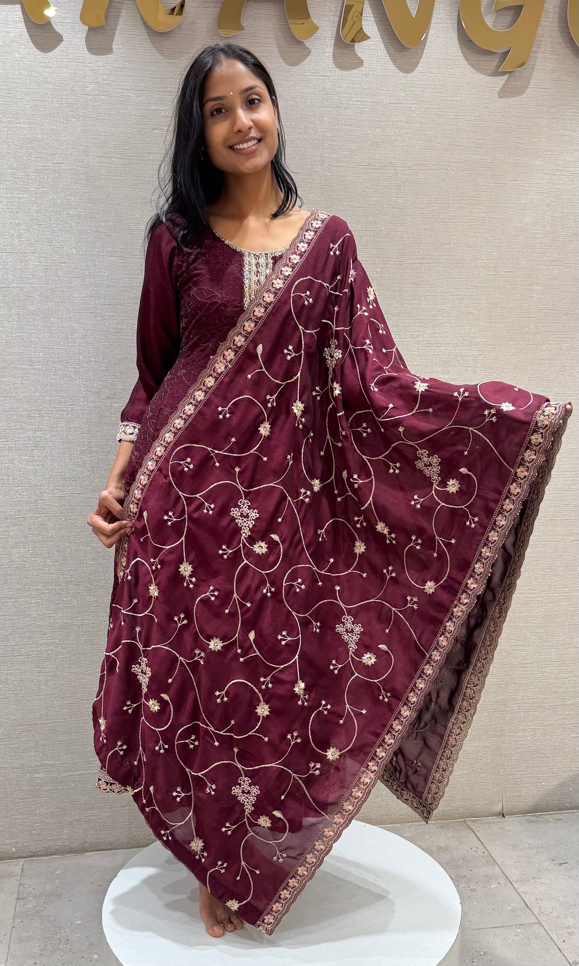 Wine intricate gold embroidery anarkali set
