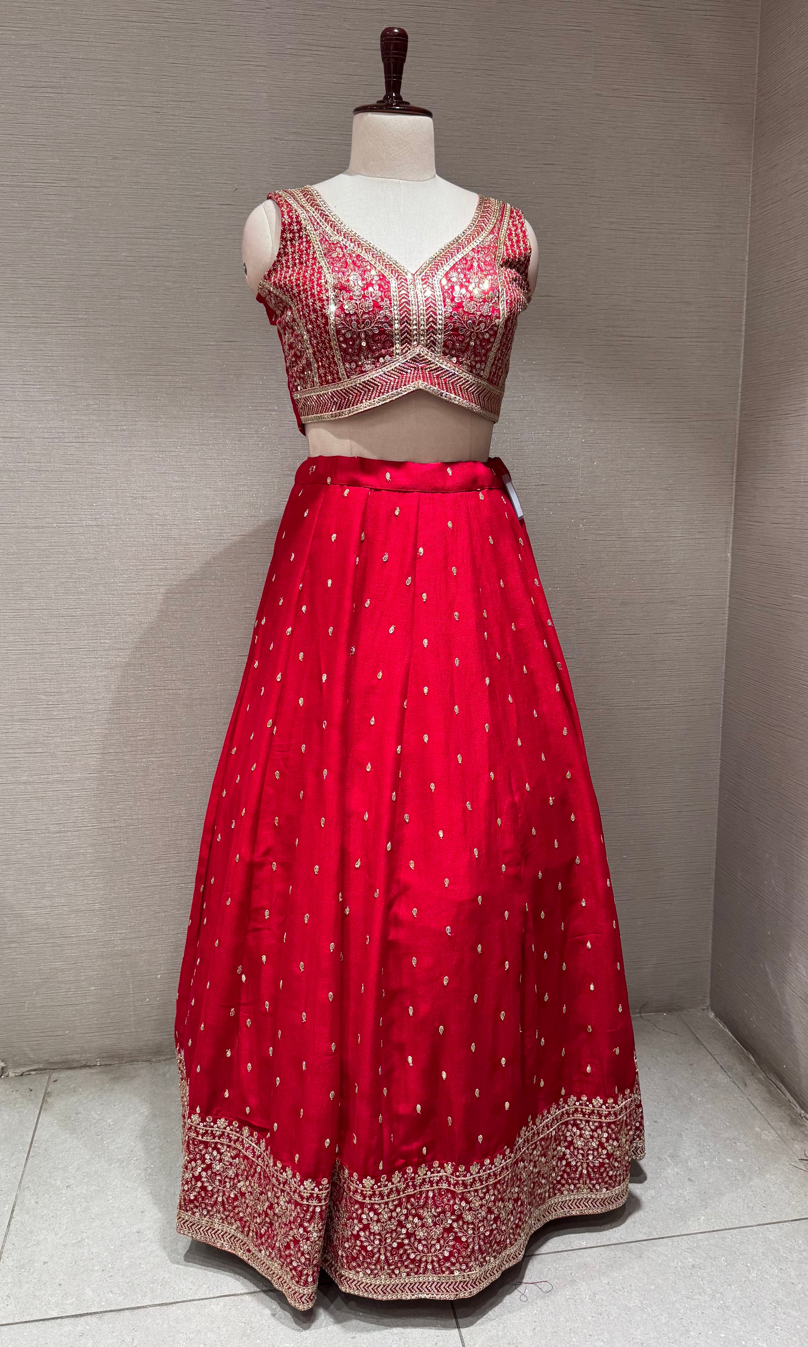 Red Silk Lehenga set with Gold Border