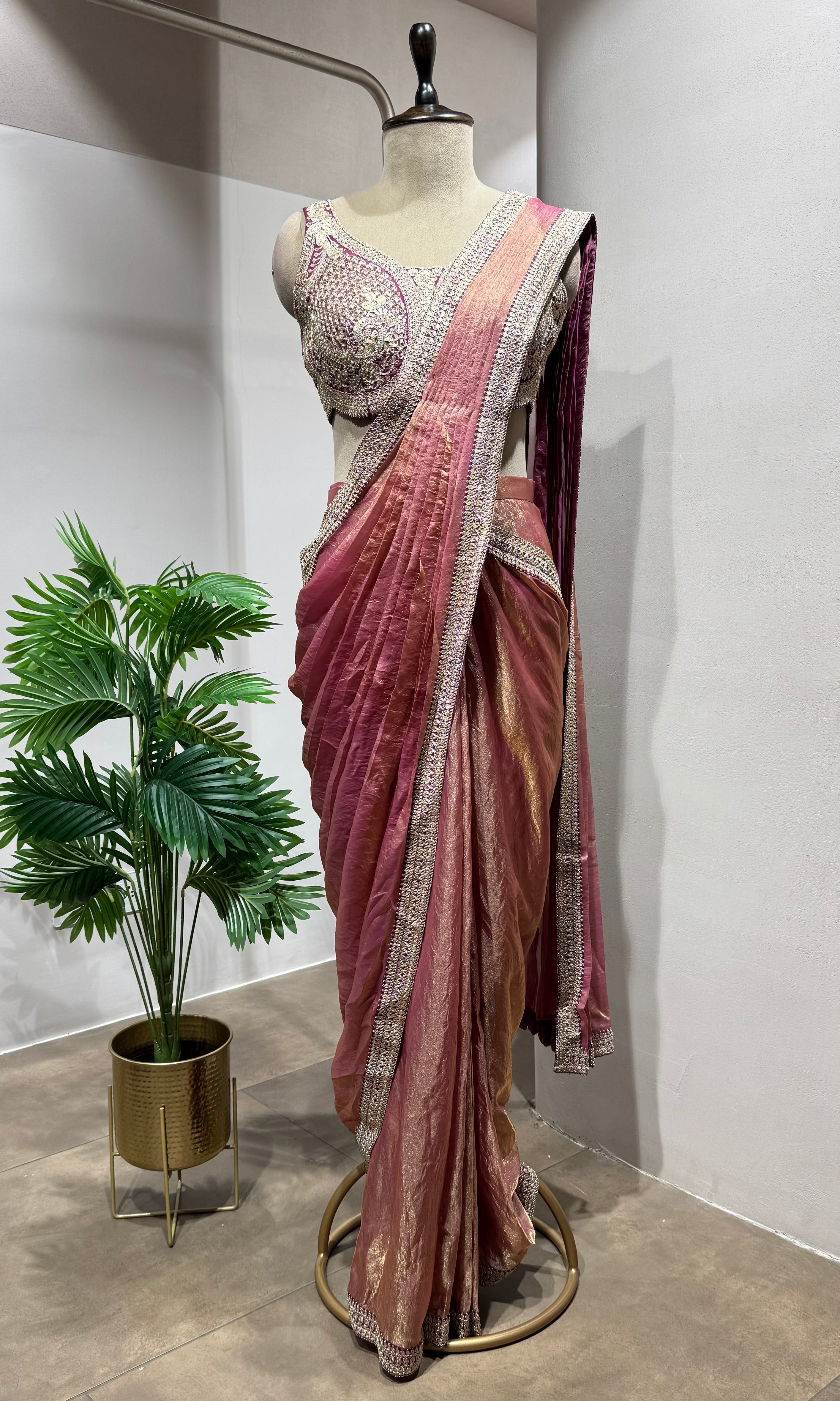 Wine drape saree with embellished blouse