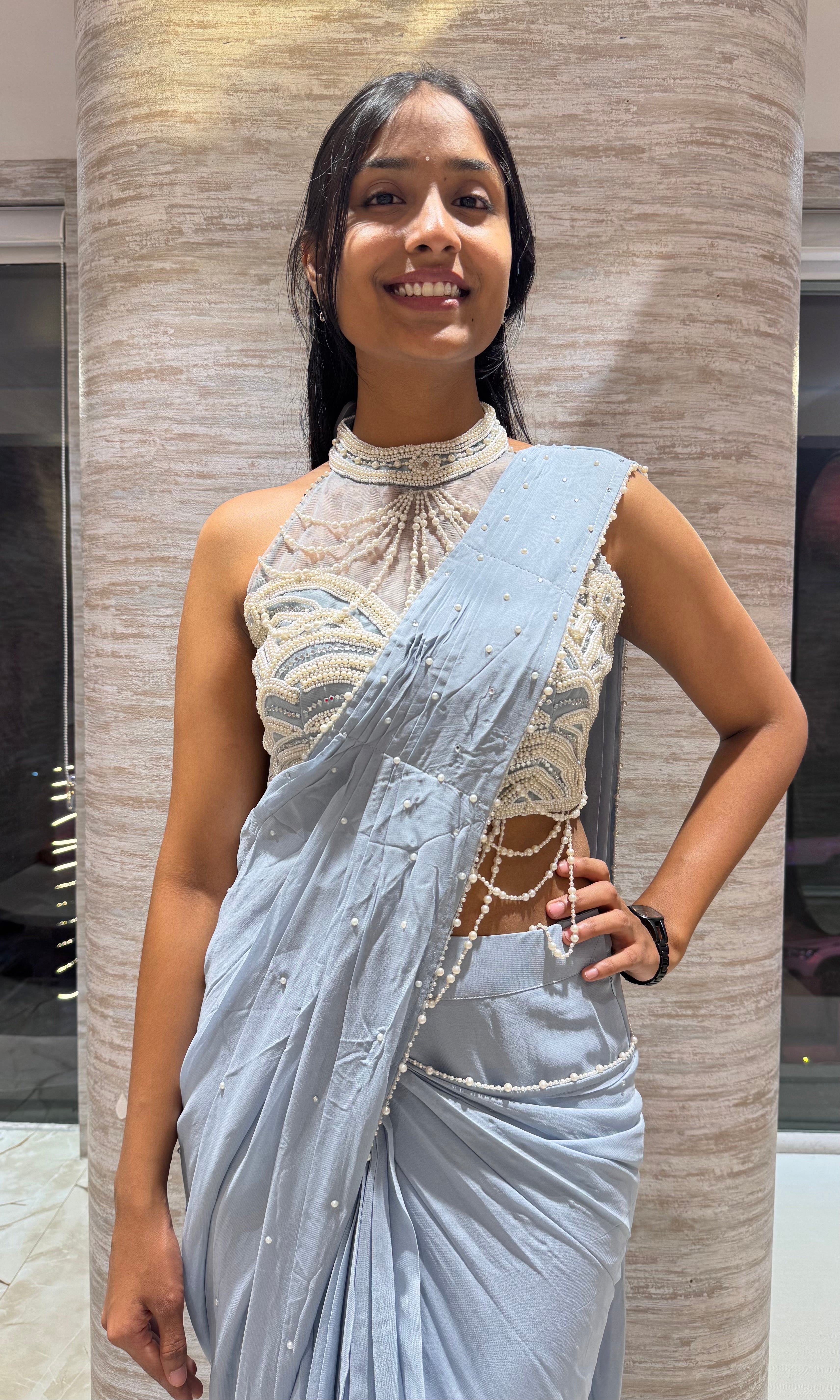 Blue Drape Saree with embellished haler neck