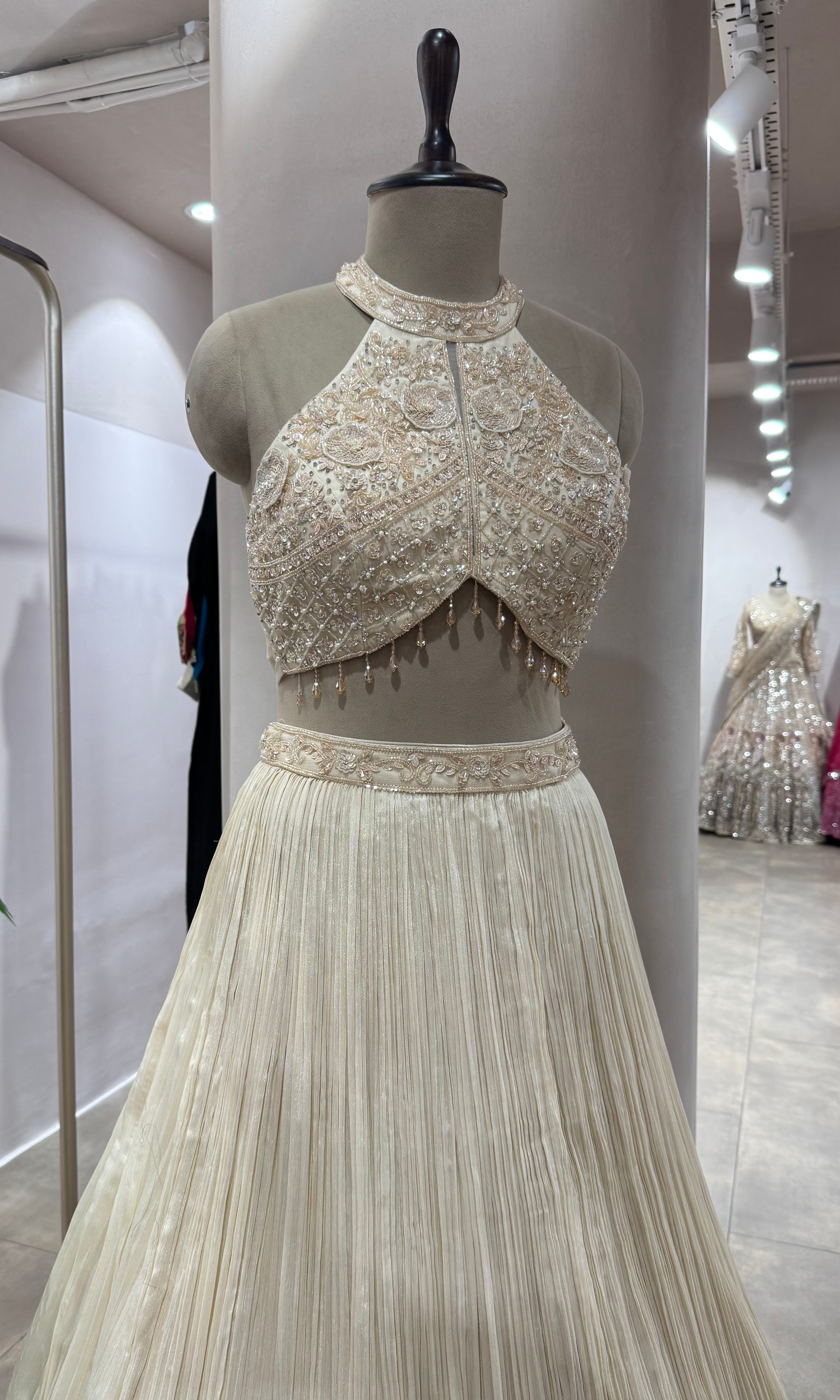 CREAM HALTER NECK CRYSTAL WORK BLOUSE WITH CAPE