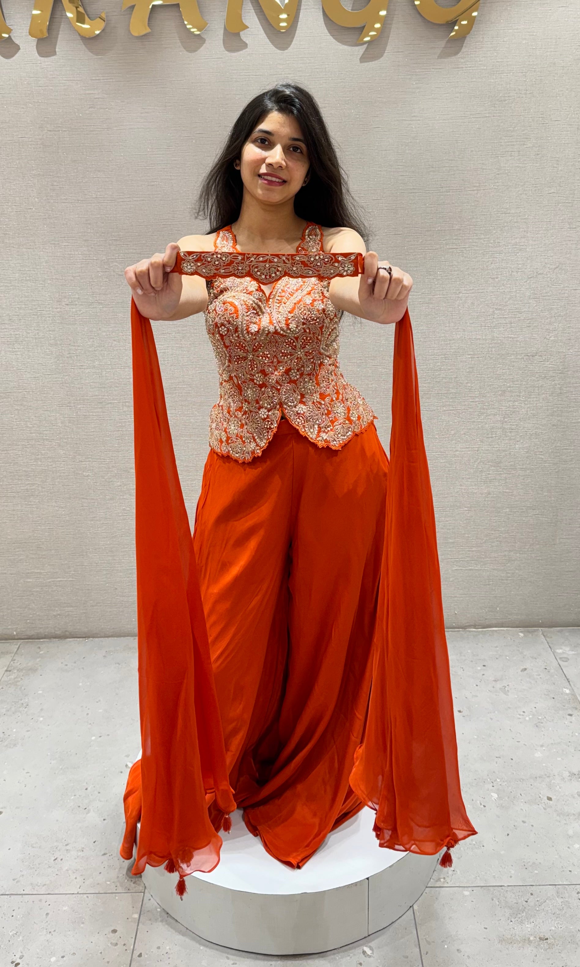Orange EMBROIDERED PEPLUM PALAZZO SET