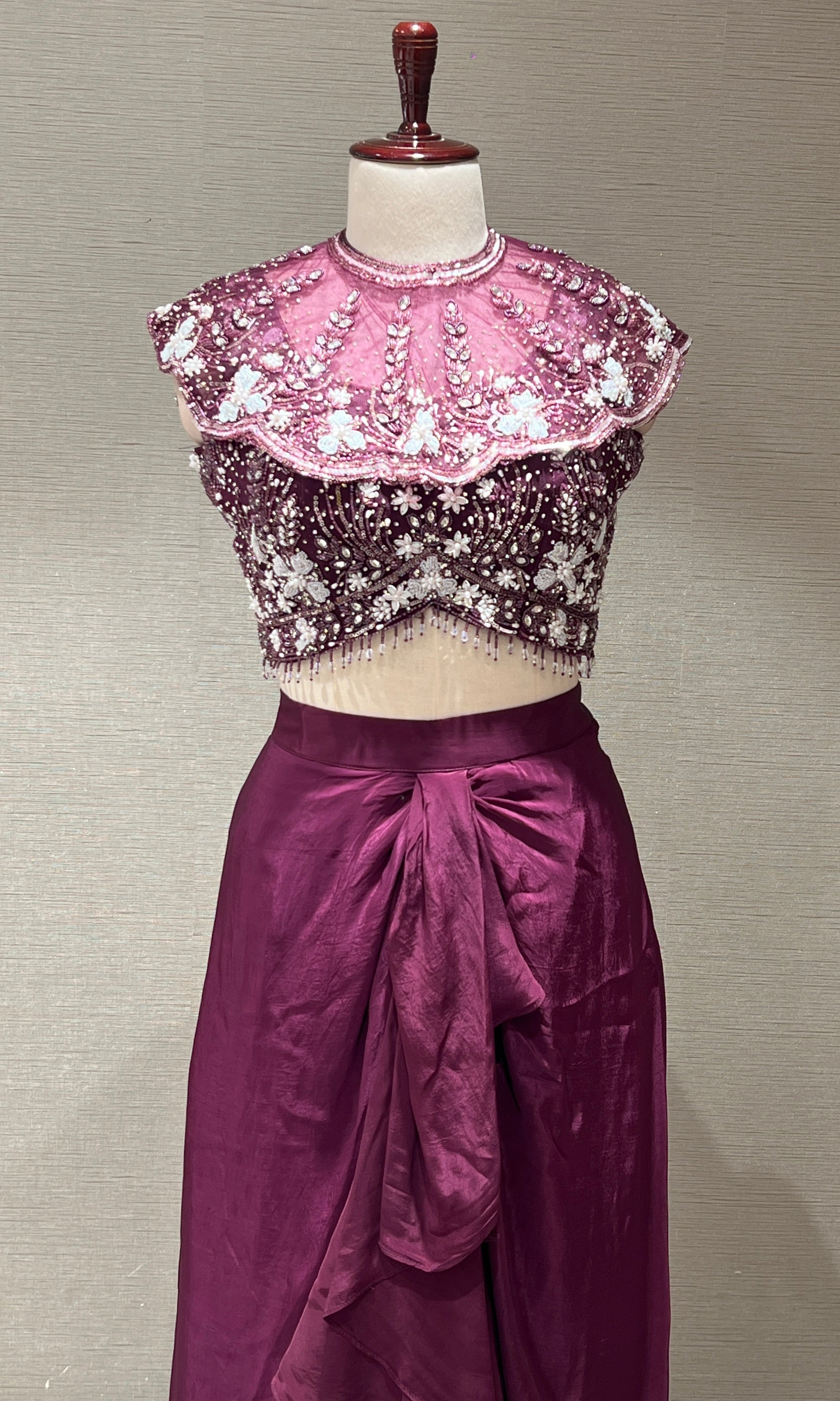 Wine Crystal Sequin BLOUSE with Ruffle Drape Skirt