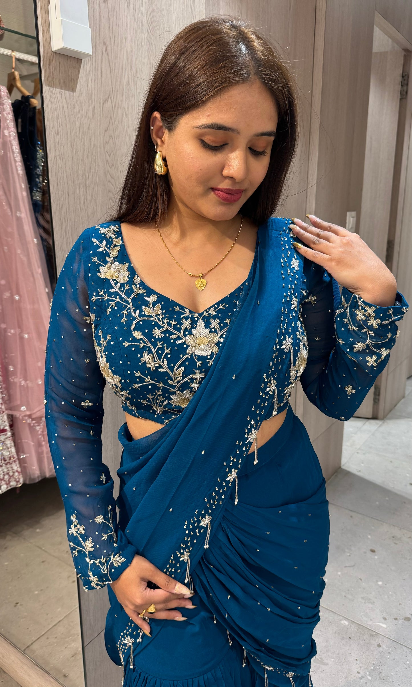 Royal blue Pallazo with drapping  saree