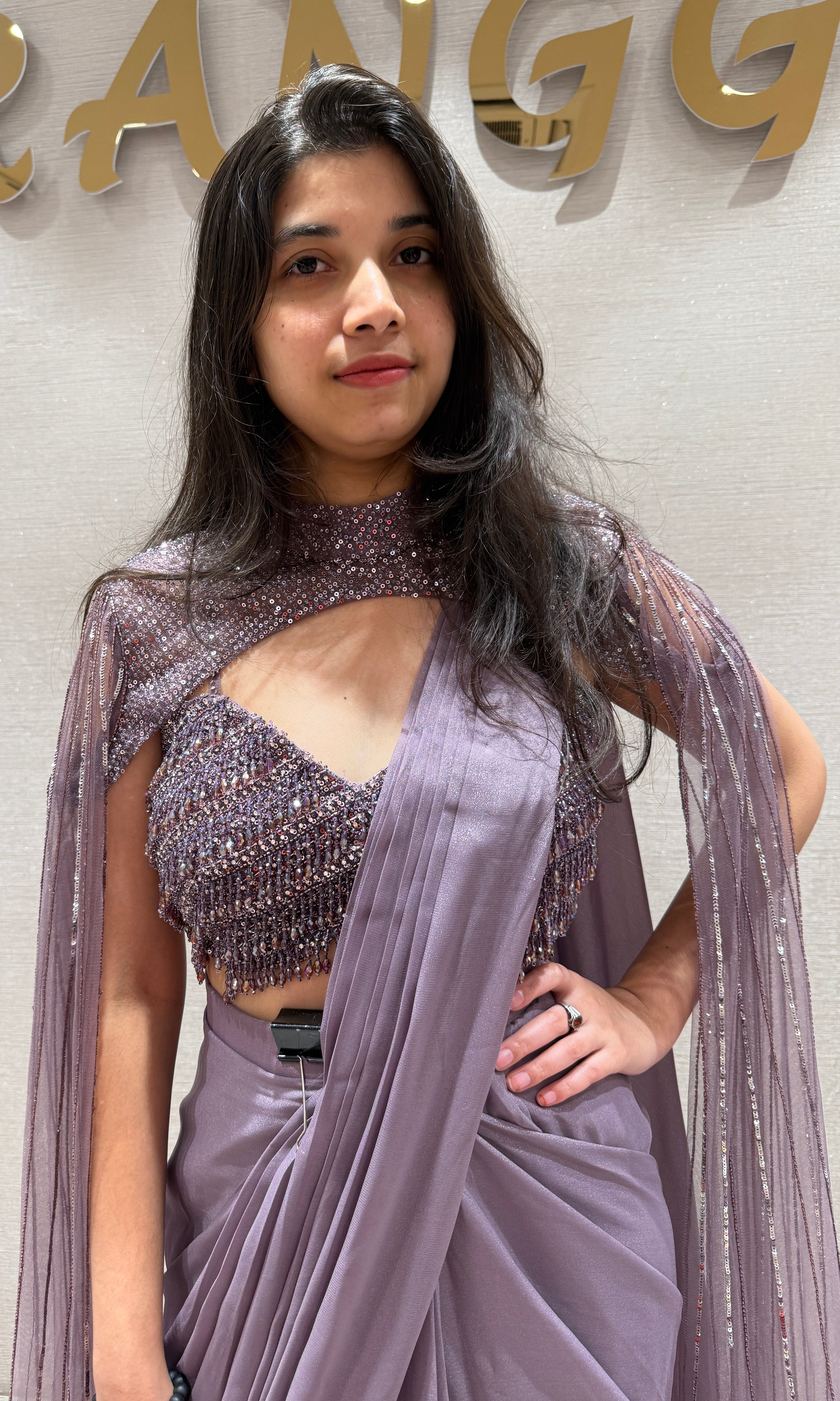 Lilac Sequin Draped Sareee with cape