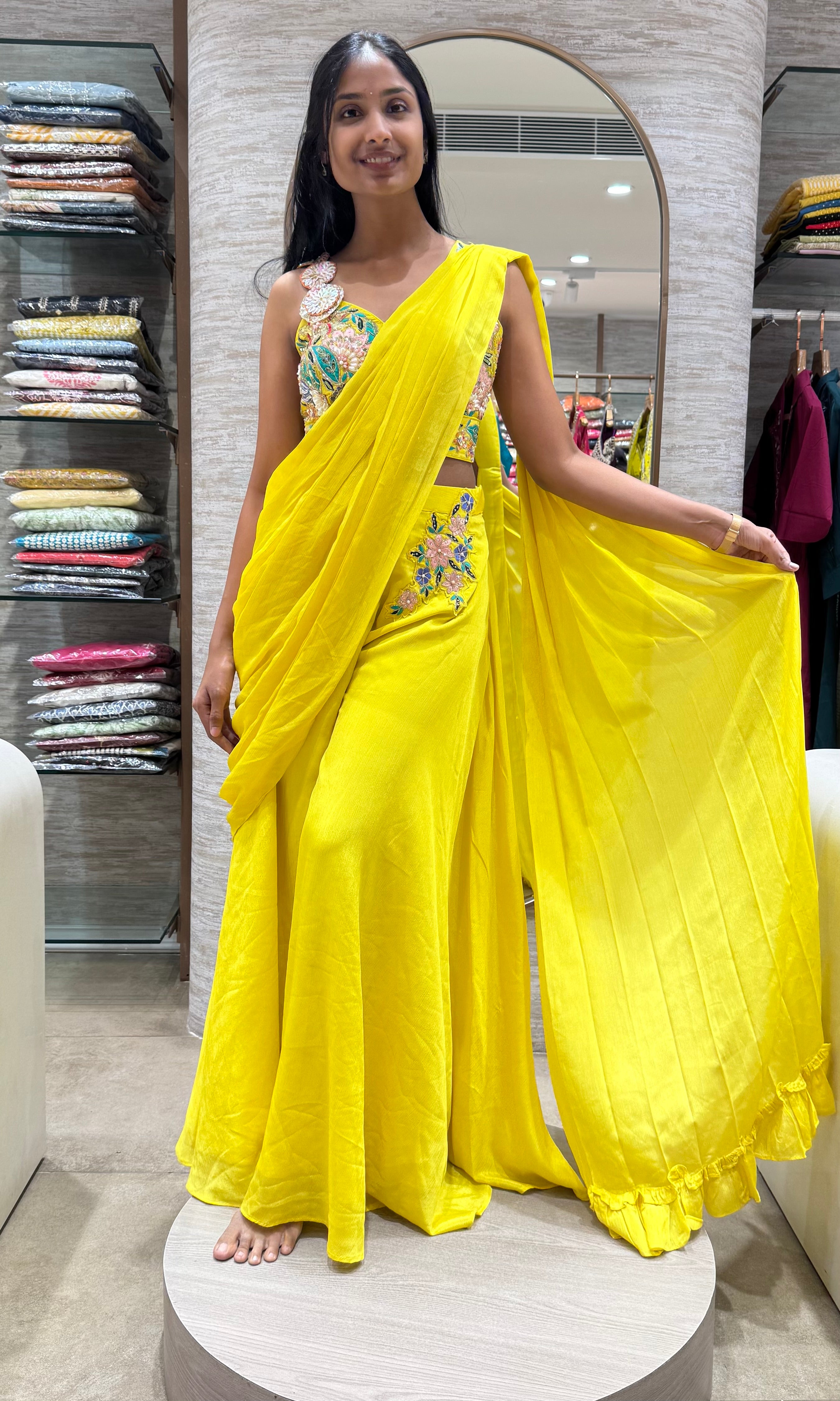 yellow intricate floral embroidery drape saree
