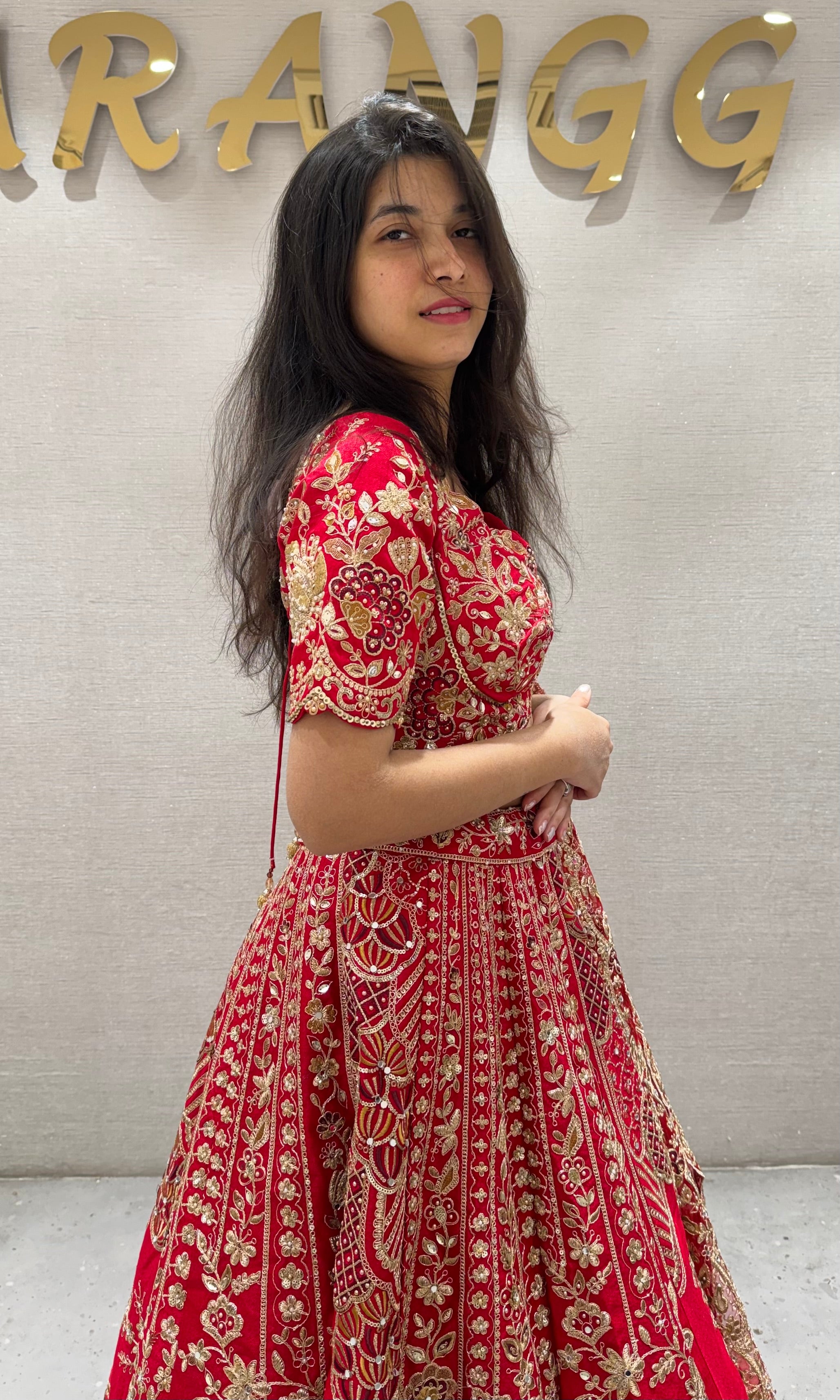 Red GOLDEN FLORAL EMBROIDERED lehenga