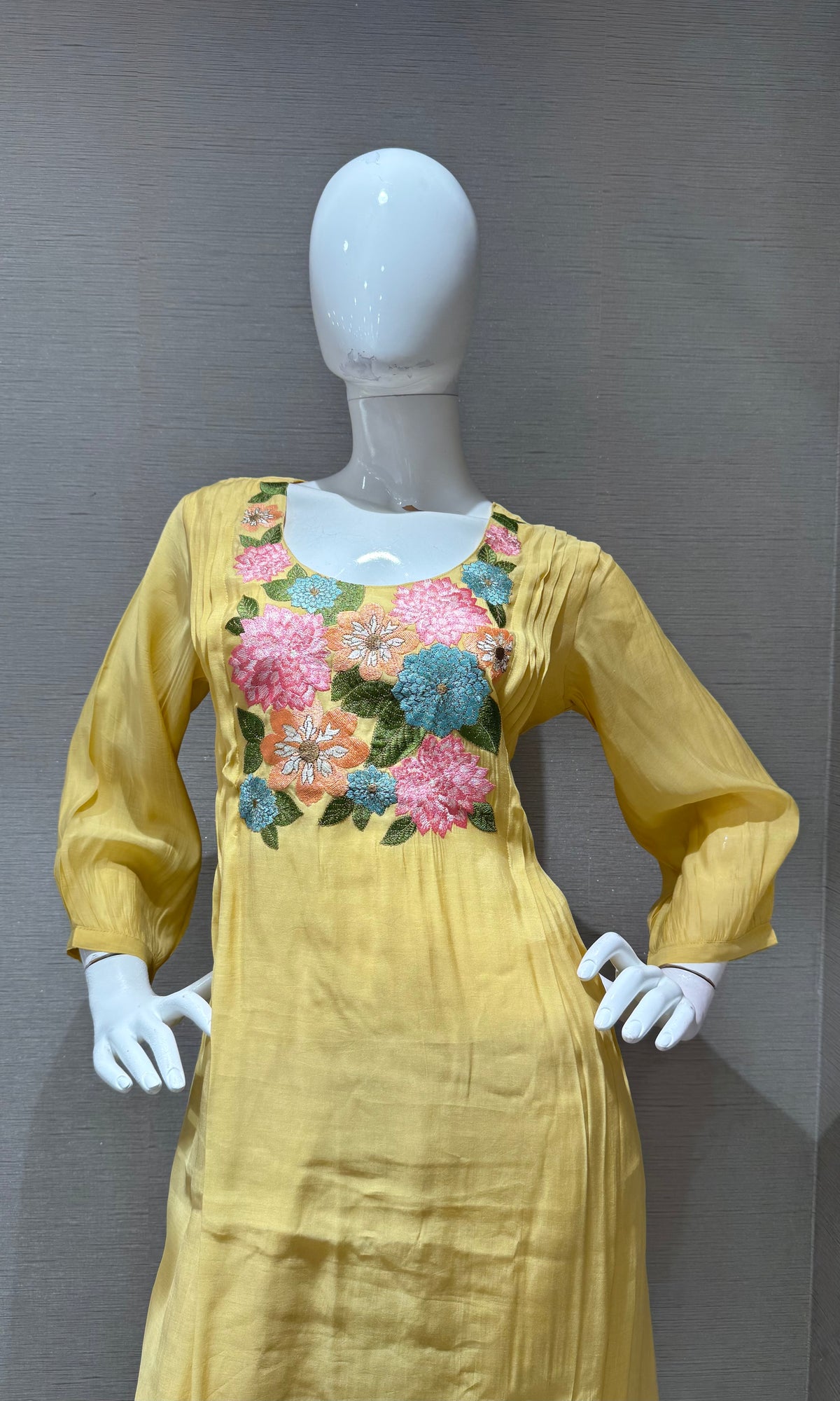 Yellow Floral Embroidered Mul Chanderi A Line Set with dupatta