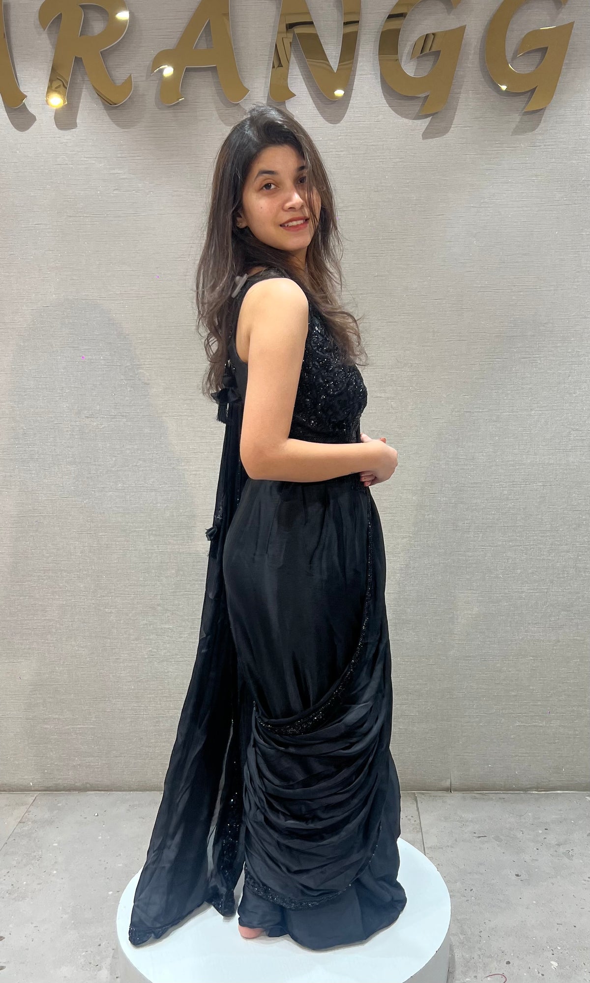 Black satin Embellished Draped Saree with Ethnic Blouse