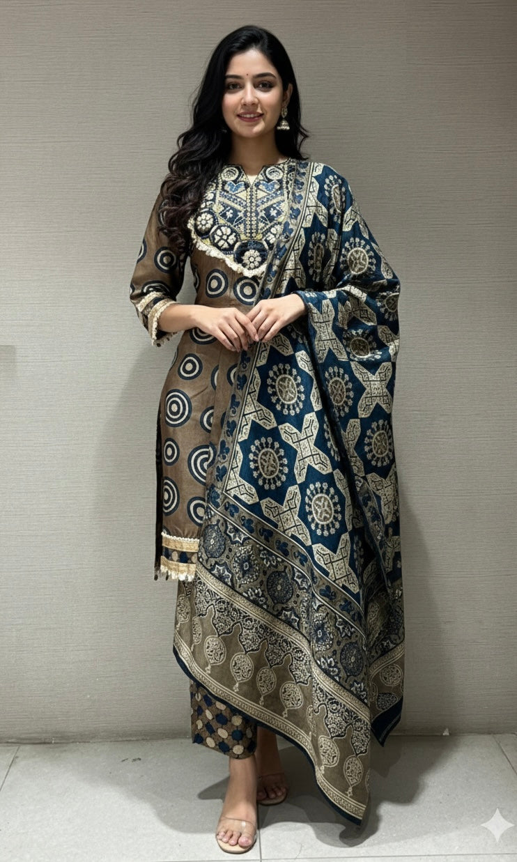 Light brown PRINTED kurta set