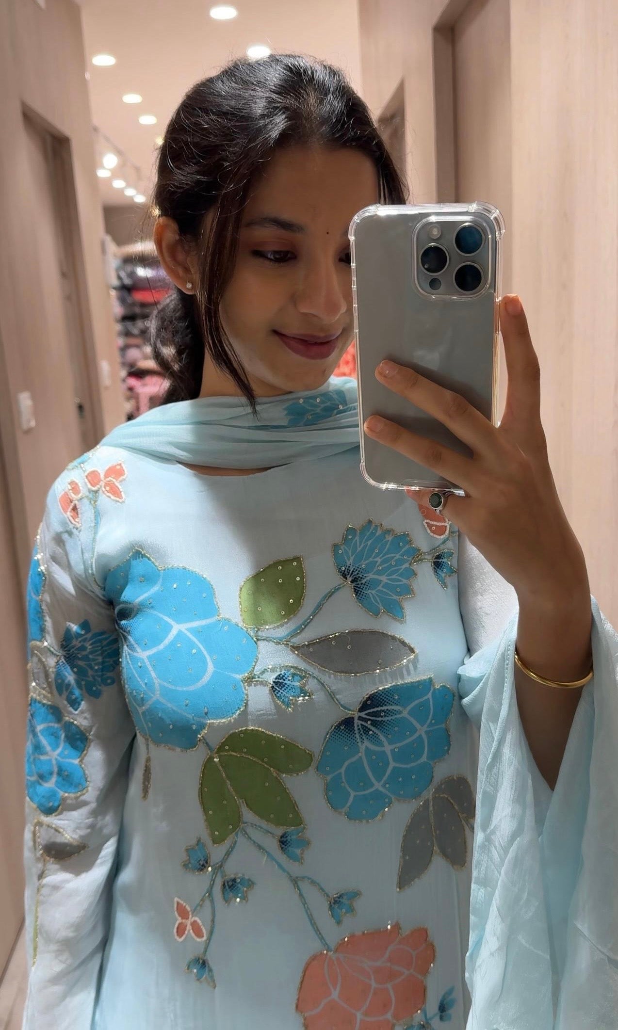 blue floral kurta set with long sleeves