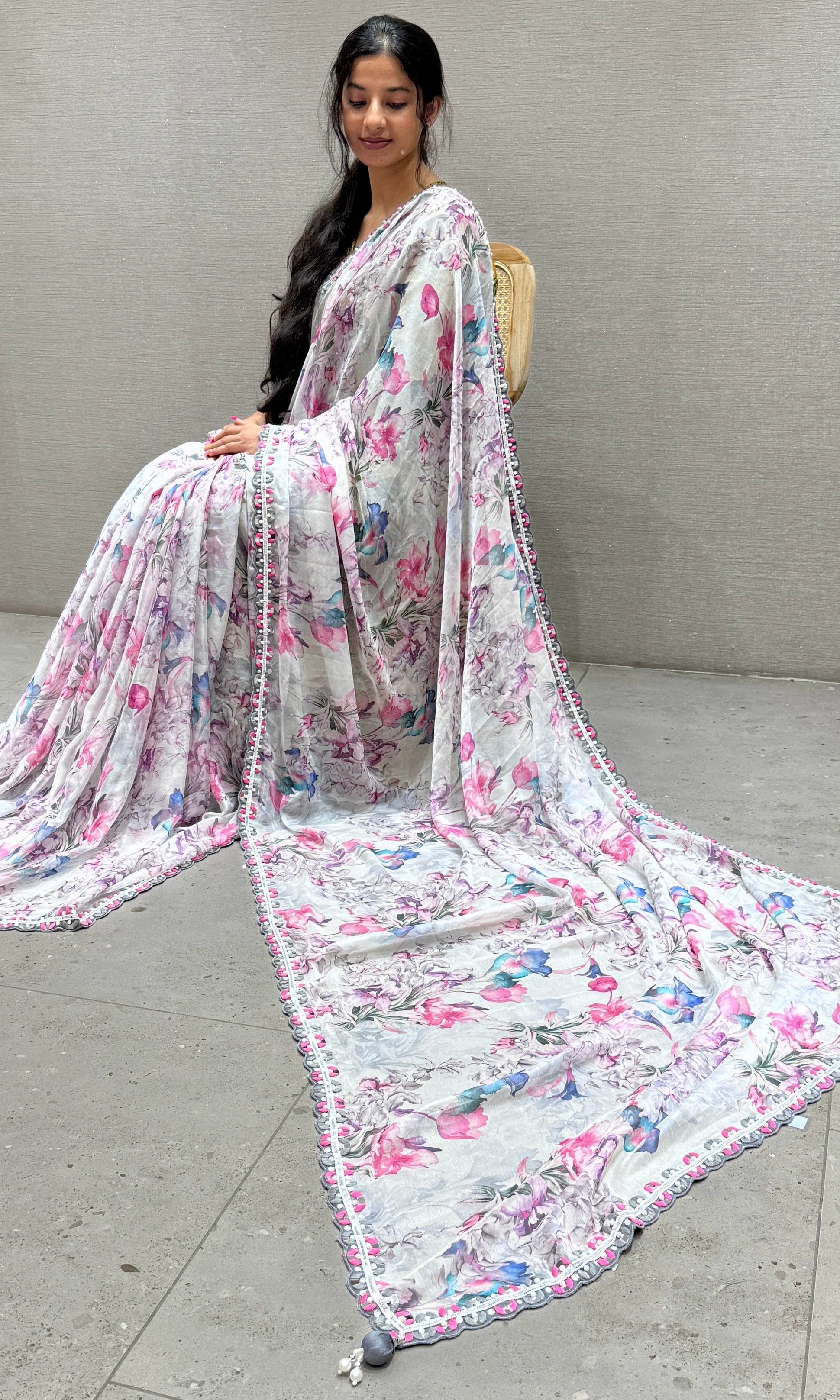 Grey with pink florals crushed Georgette saree with ready blouse