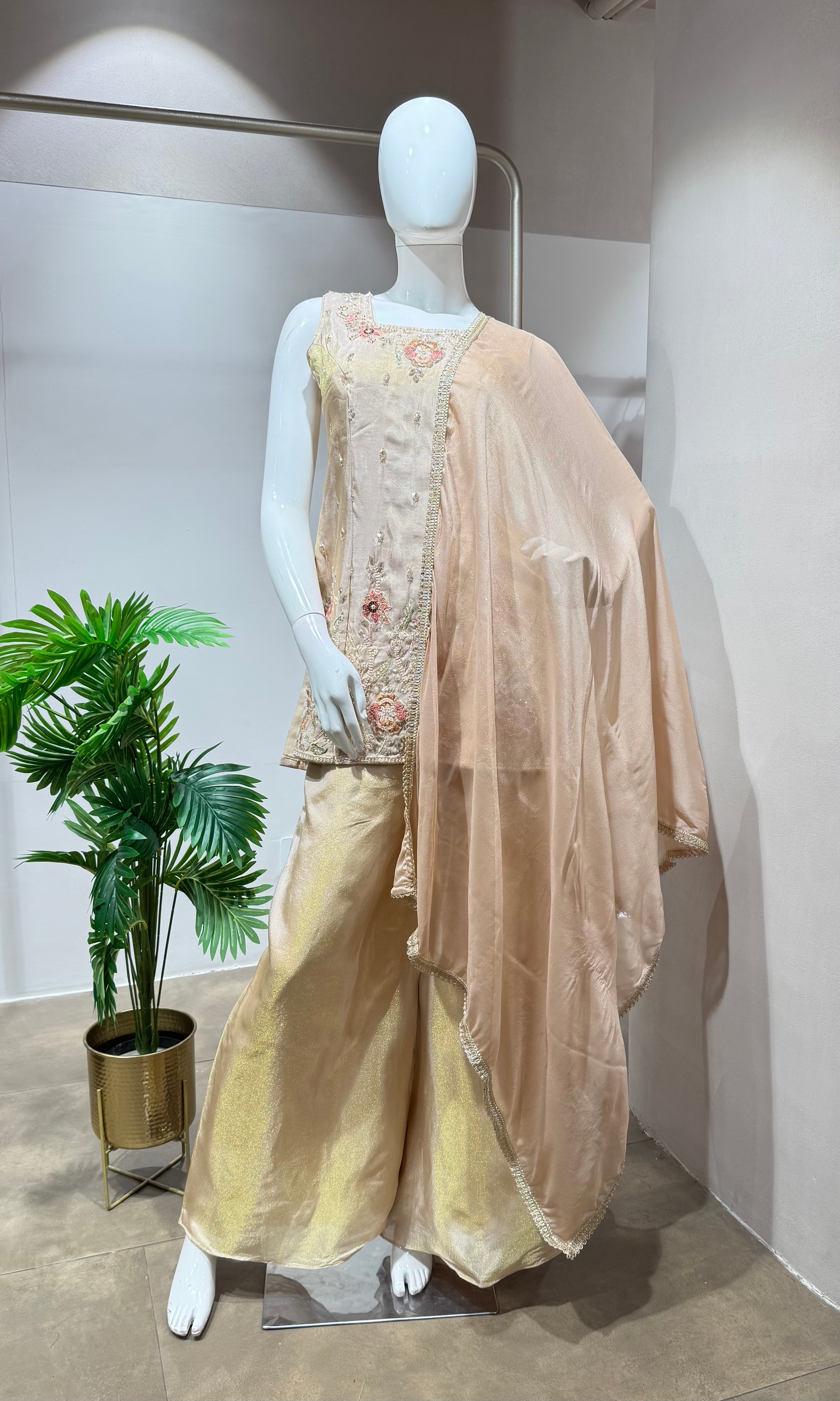 Peach shimmer gold tissue floral embroidery sharara