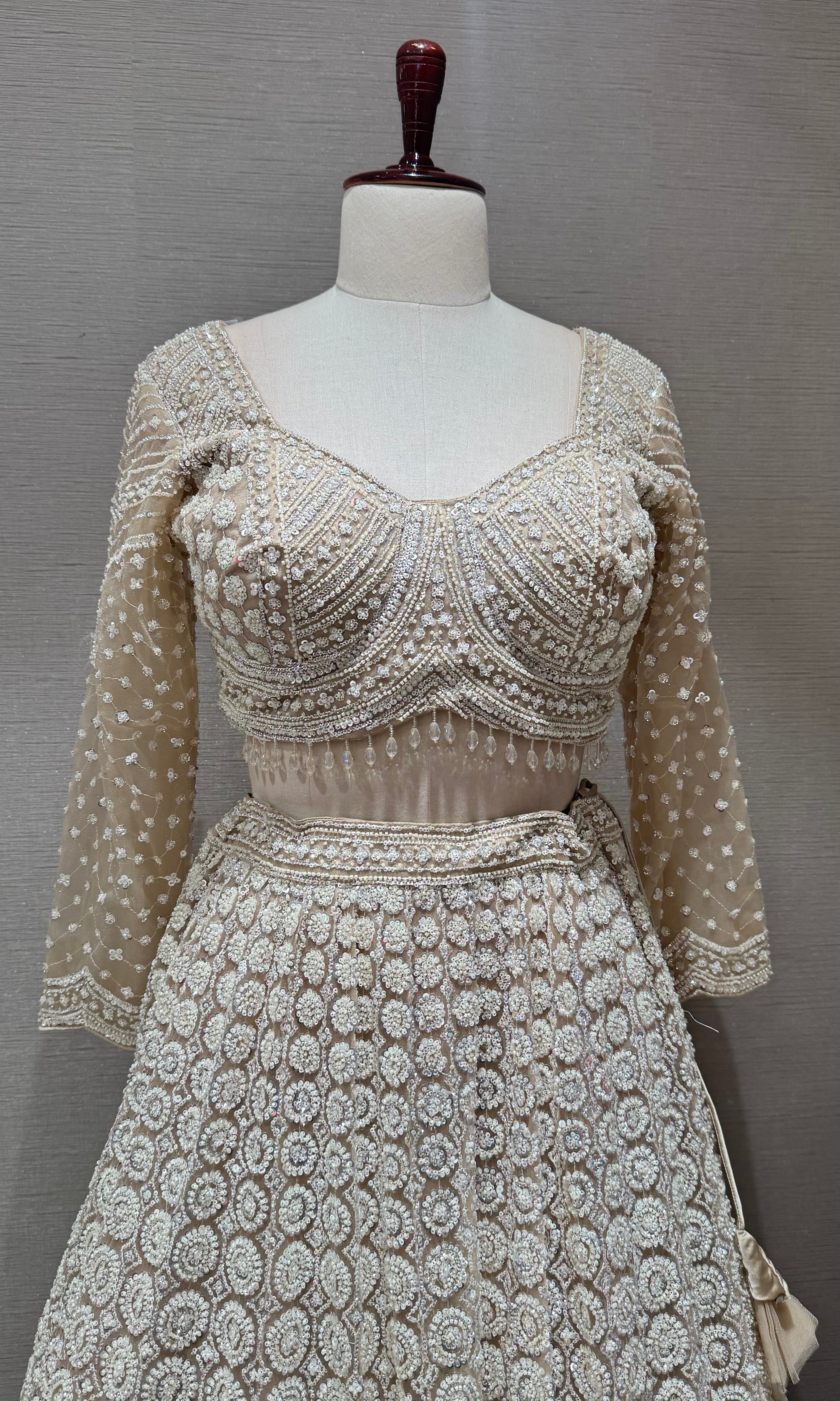 Beige Sequins and Beads Heavy Embroidered Lehenga