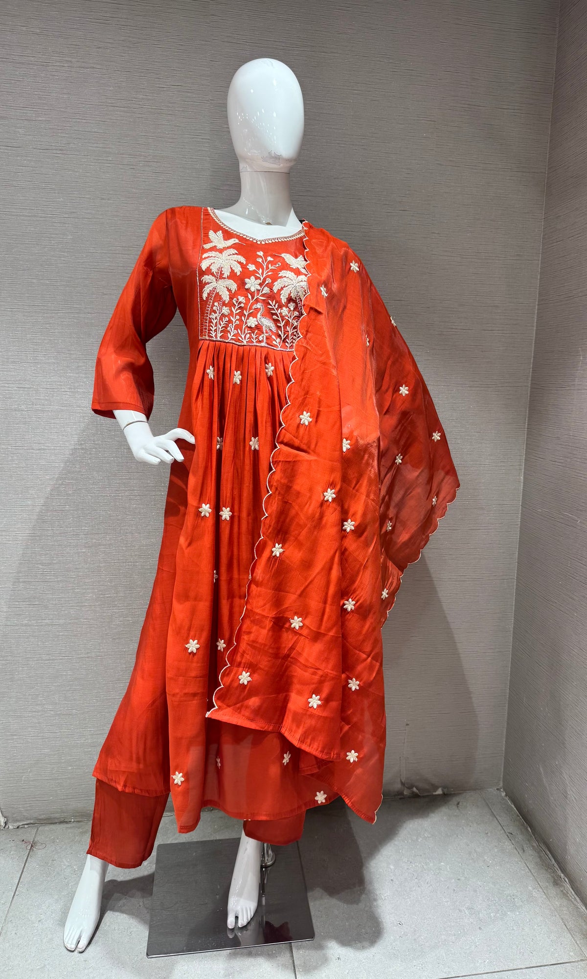Rust Mul chanderi embroidered kurta set with dupatta