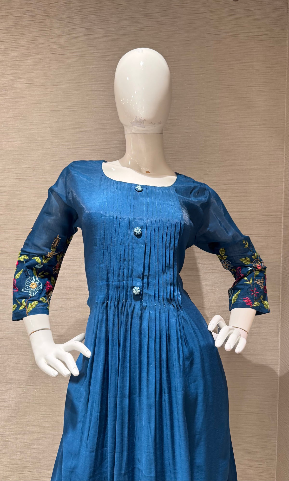 Navy Blue Floral Mul Chanderi Kurta set with dupatta