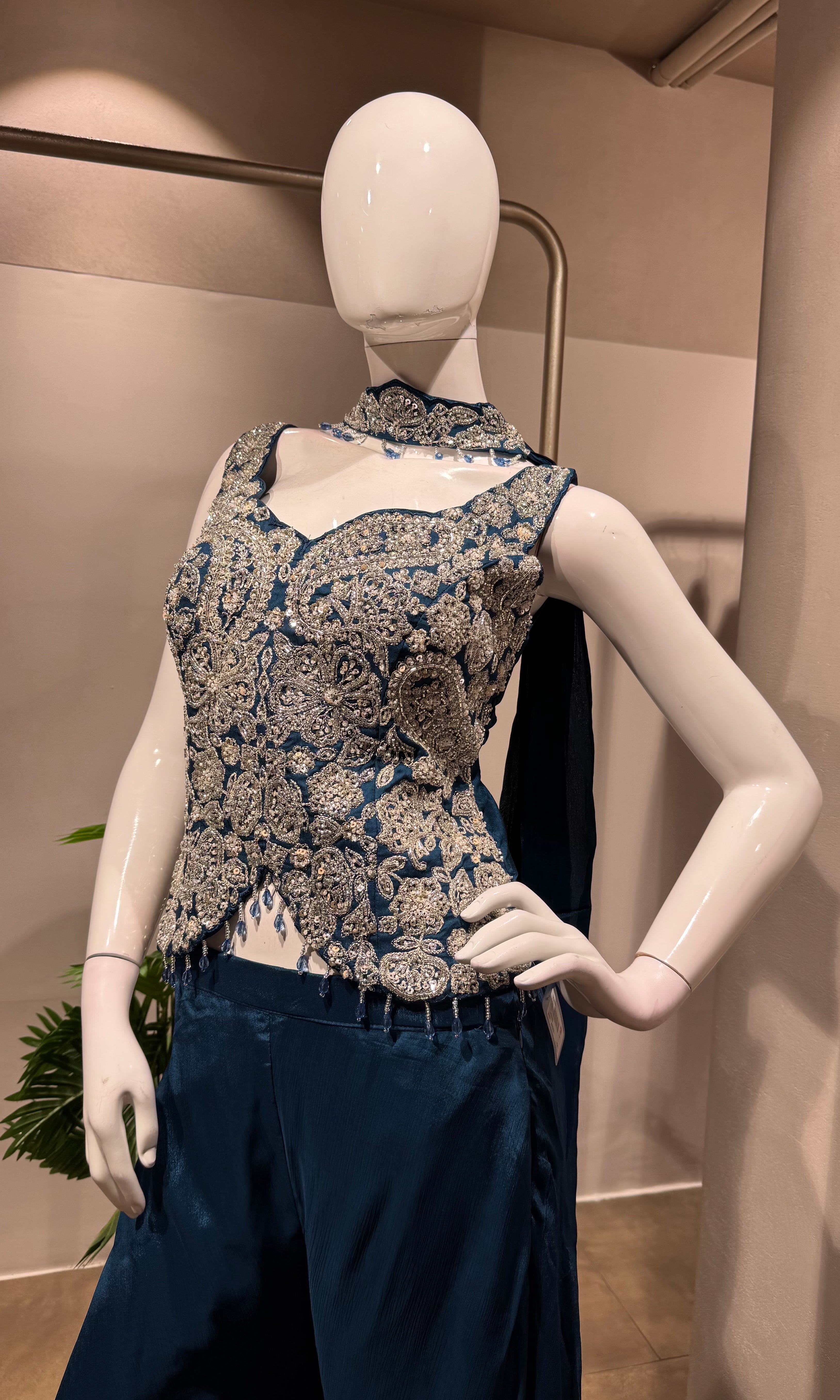 Blue Embellished Peplum Palazzo Set