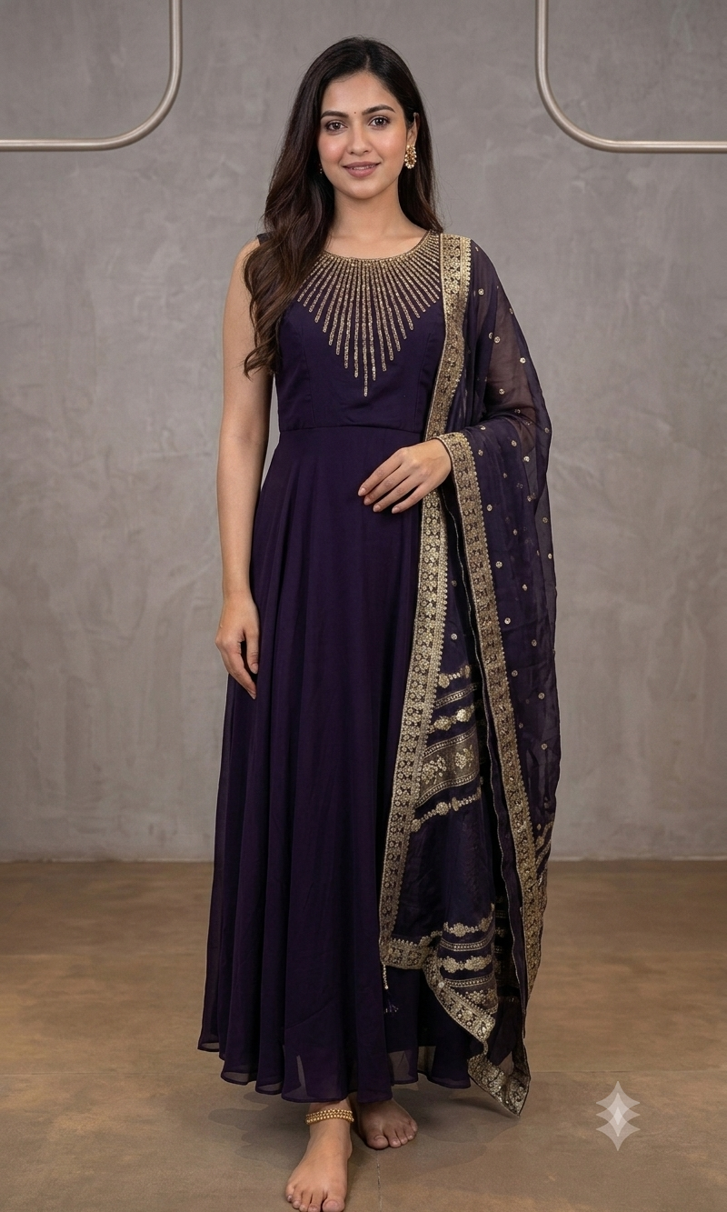 WINE Embroidered Anarkali Gown Set