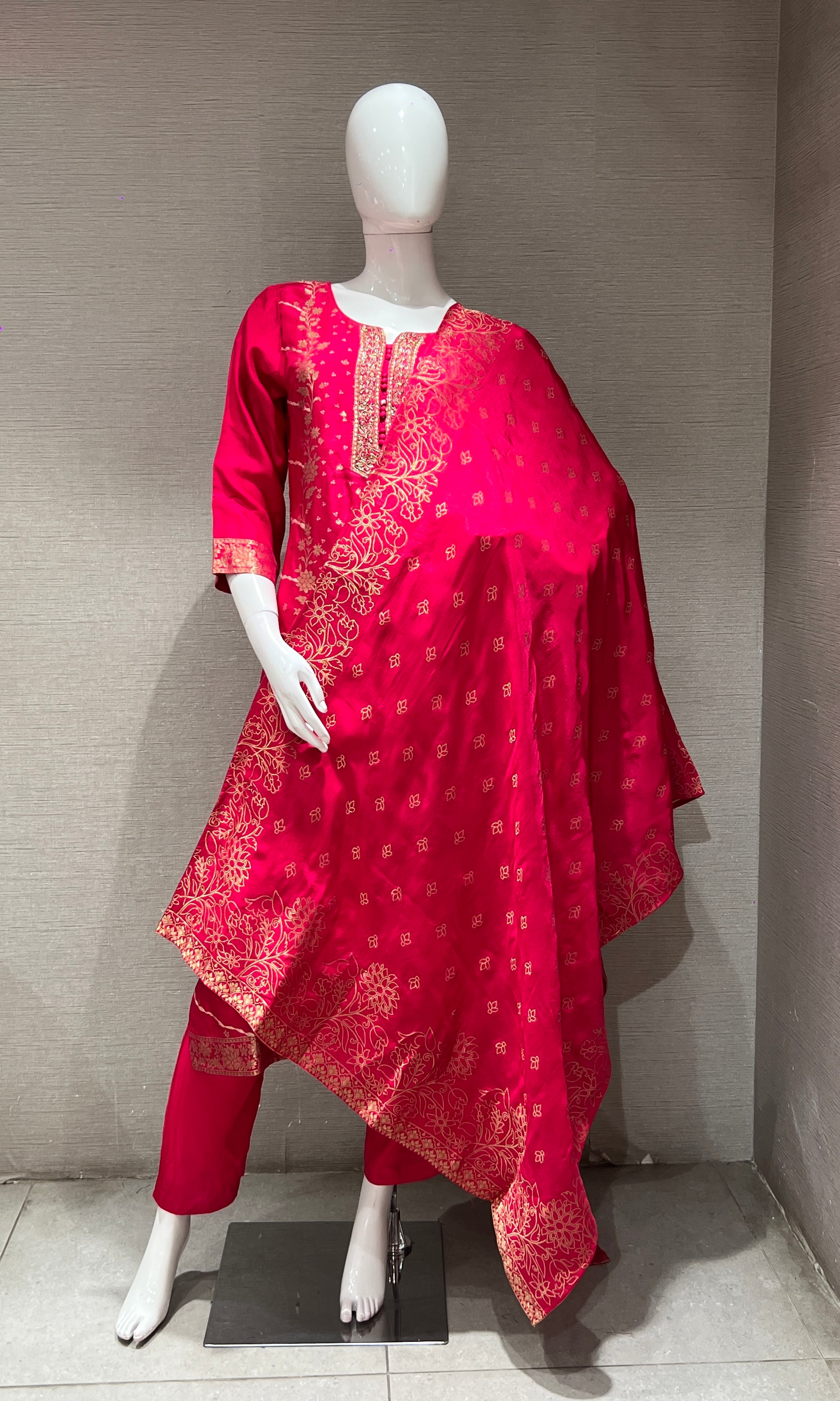 Rani Pink Kurta Set with Gold Print Dupatta