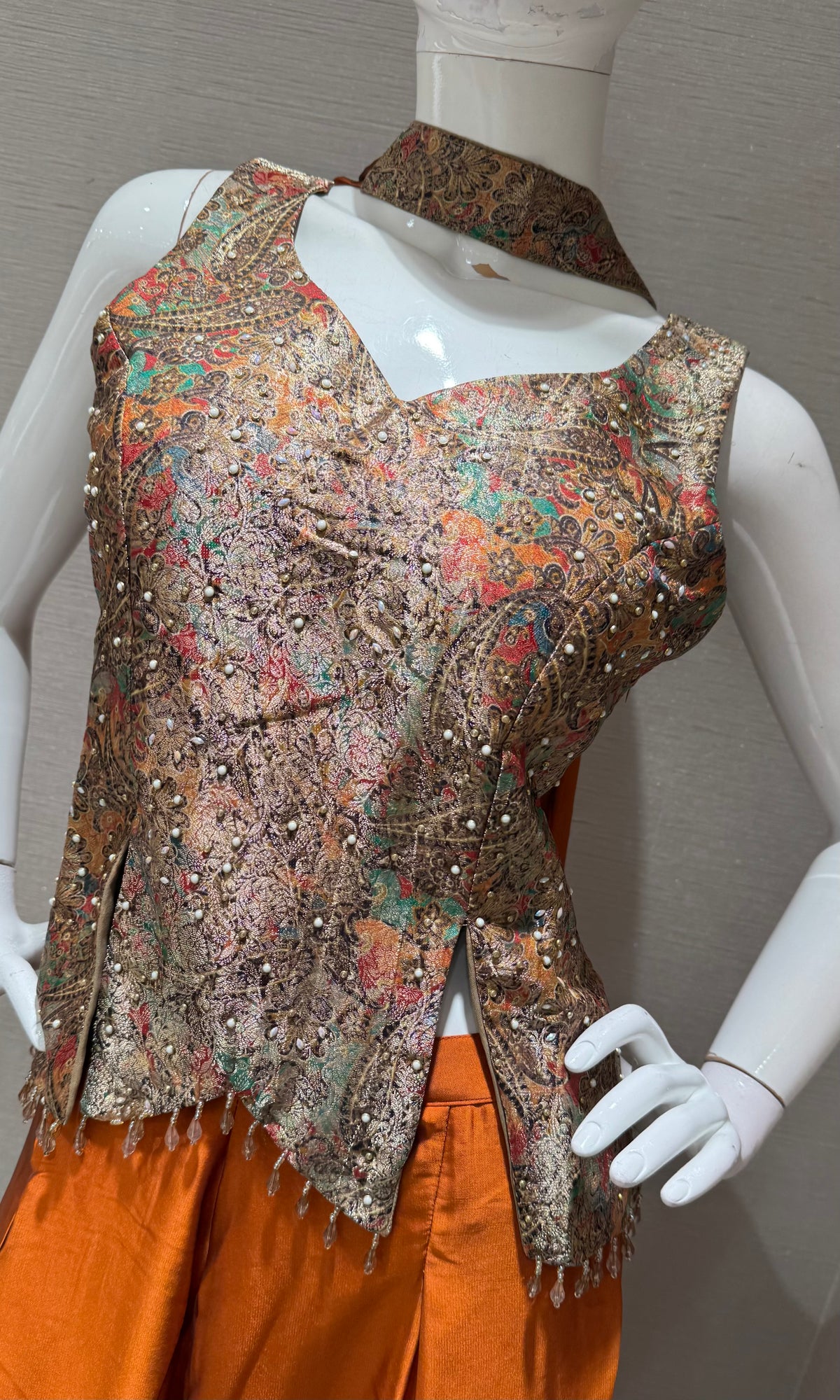 RUST Orange Silk Embroidered peplum palazzo set