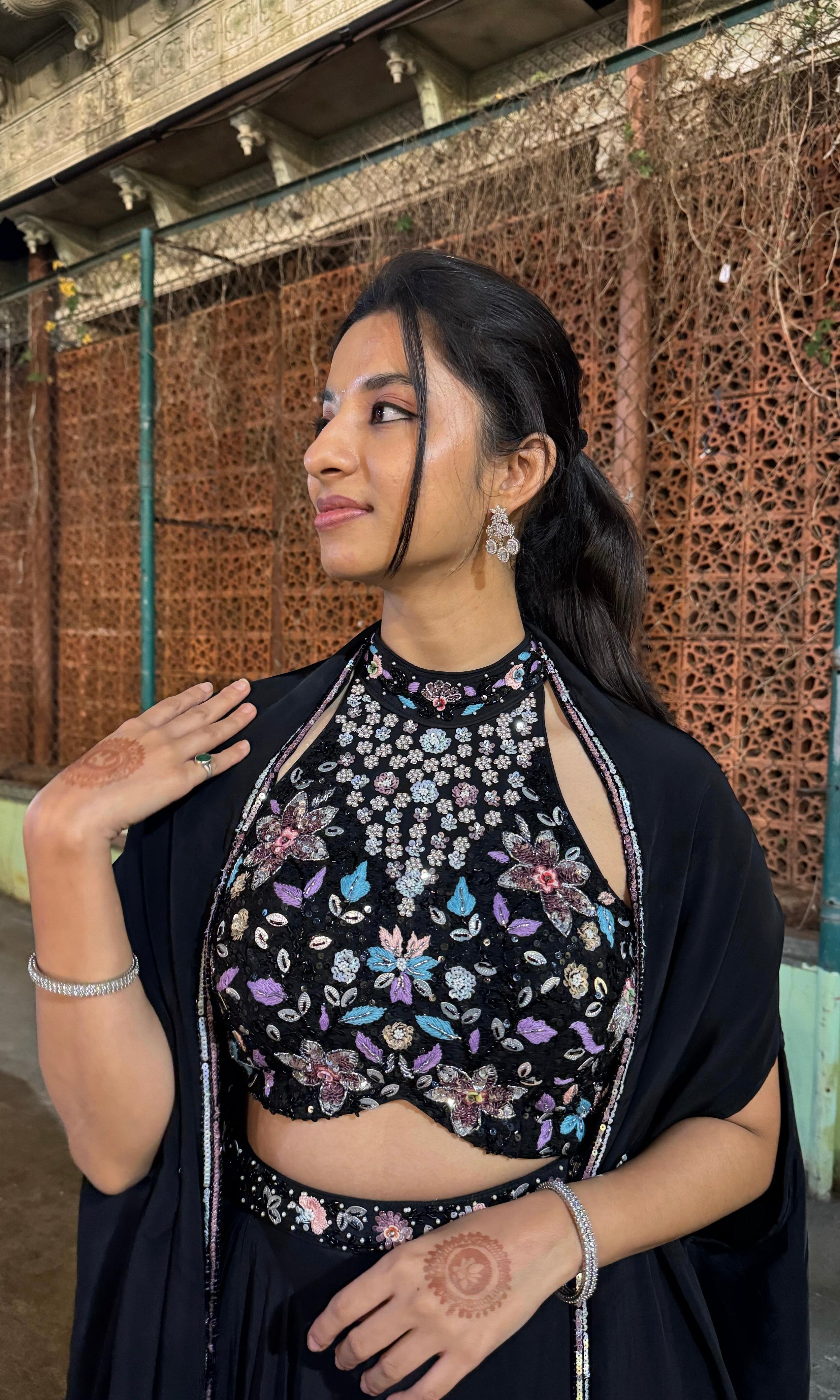 Black Embellished Halter NECK Lehenga WITH CAPE