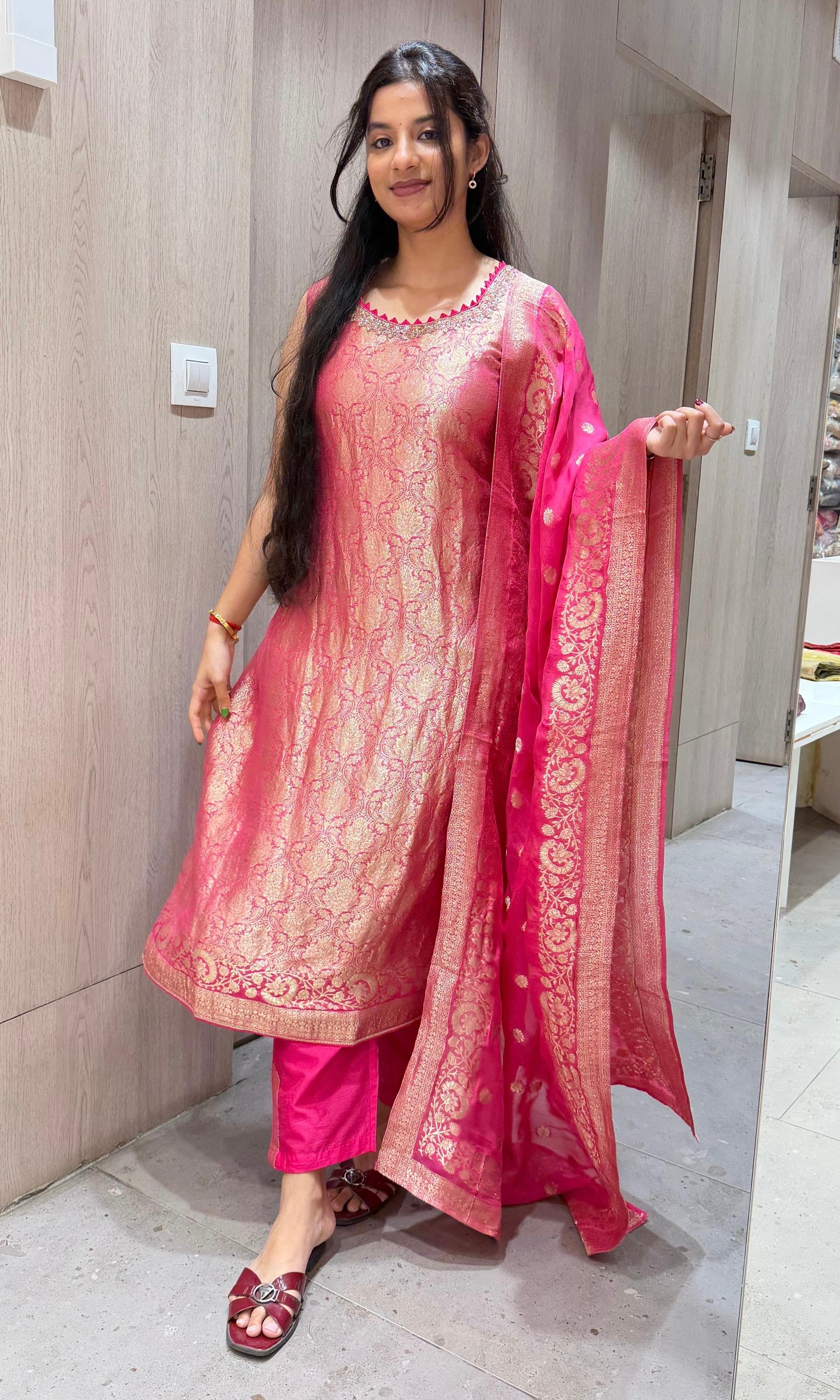 Pink Banarasi Golden KURTA SET