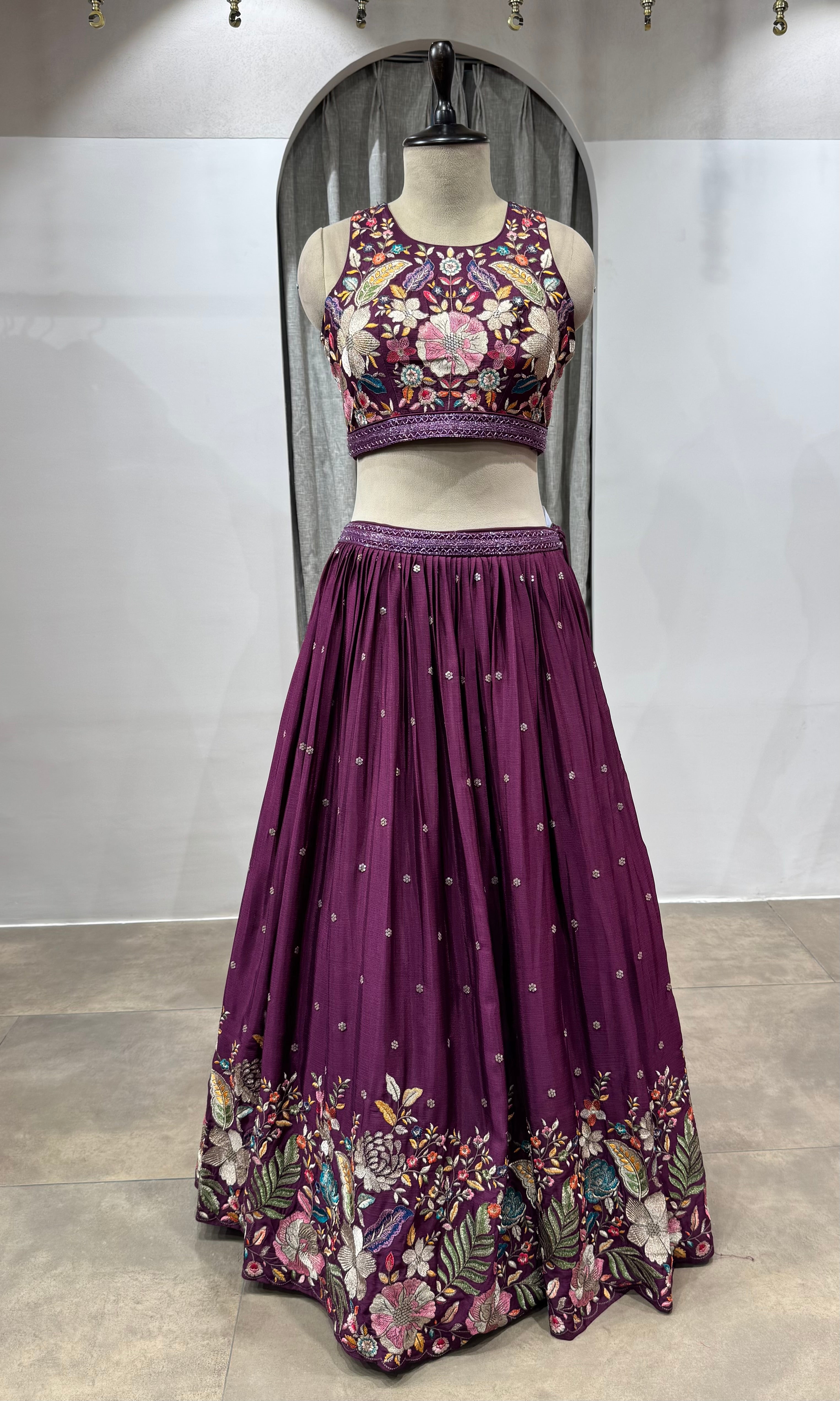 WINE FLORAL EMBROIDERED LEHENGA SET